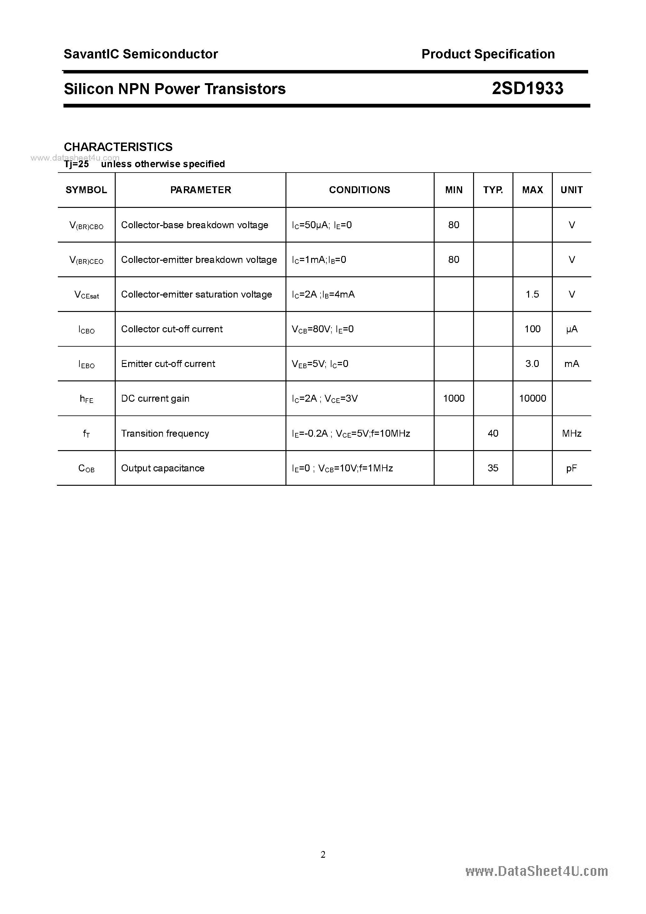 Datasheet 2SD1933 - SILICON POWER TRANSISTOR page 2