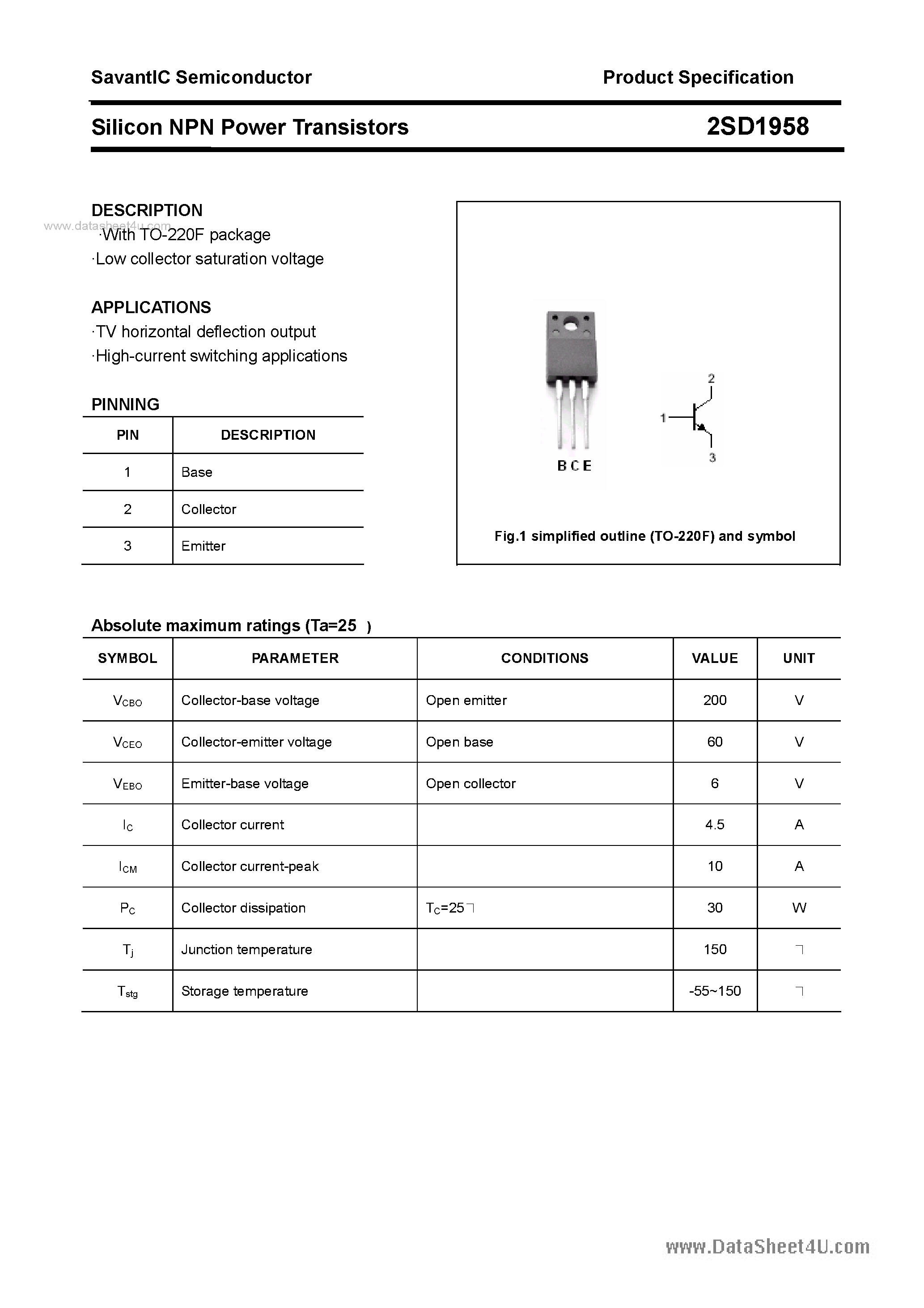 Datasheet 2SD1958 - SILICON POWER TRANSISTOR page 1