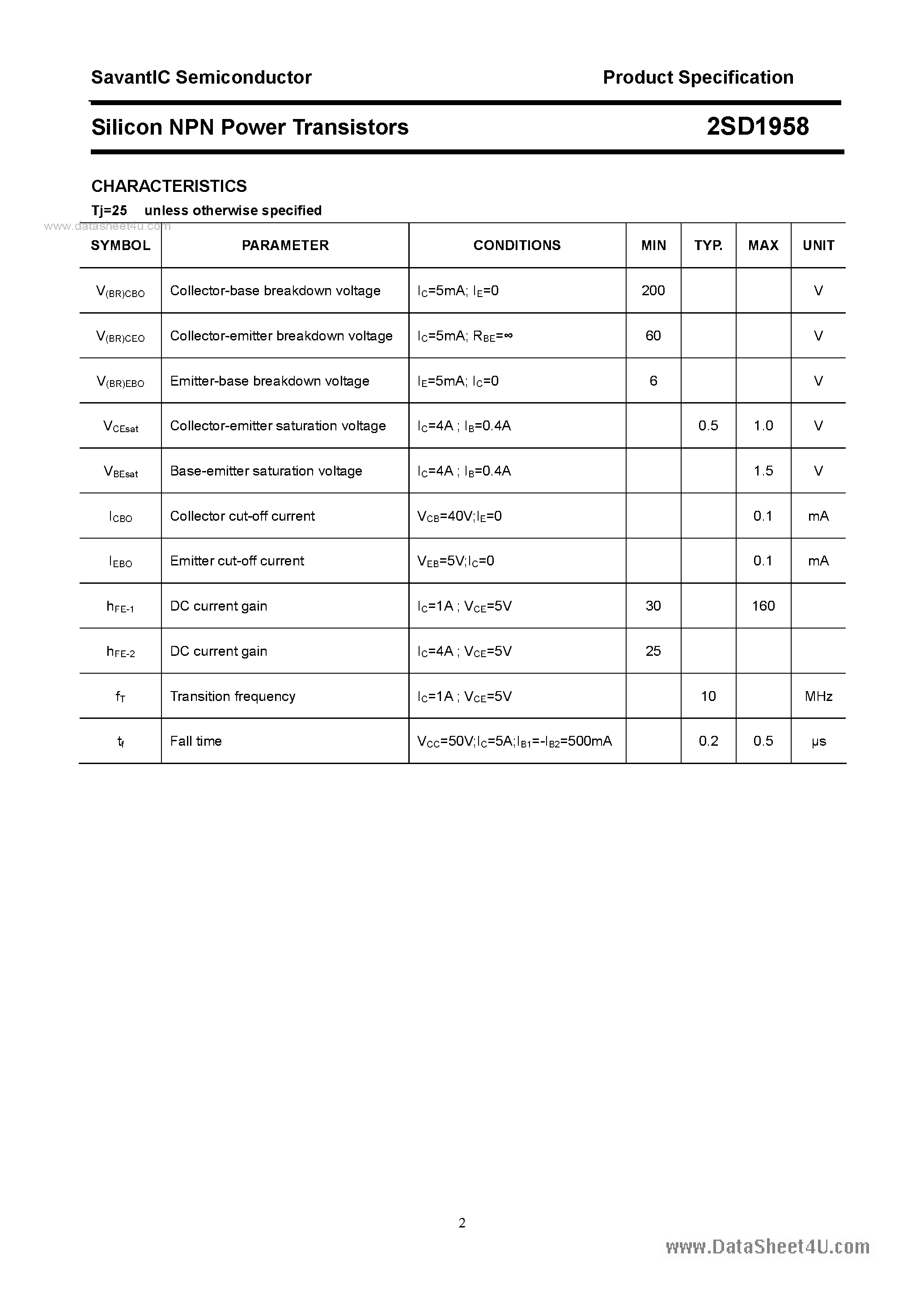 Datasheet 2SD1958 - SILICON POWER TRANSISTOR page 2