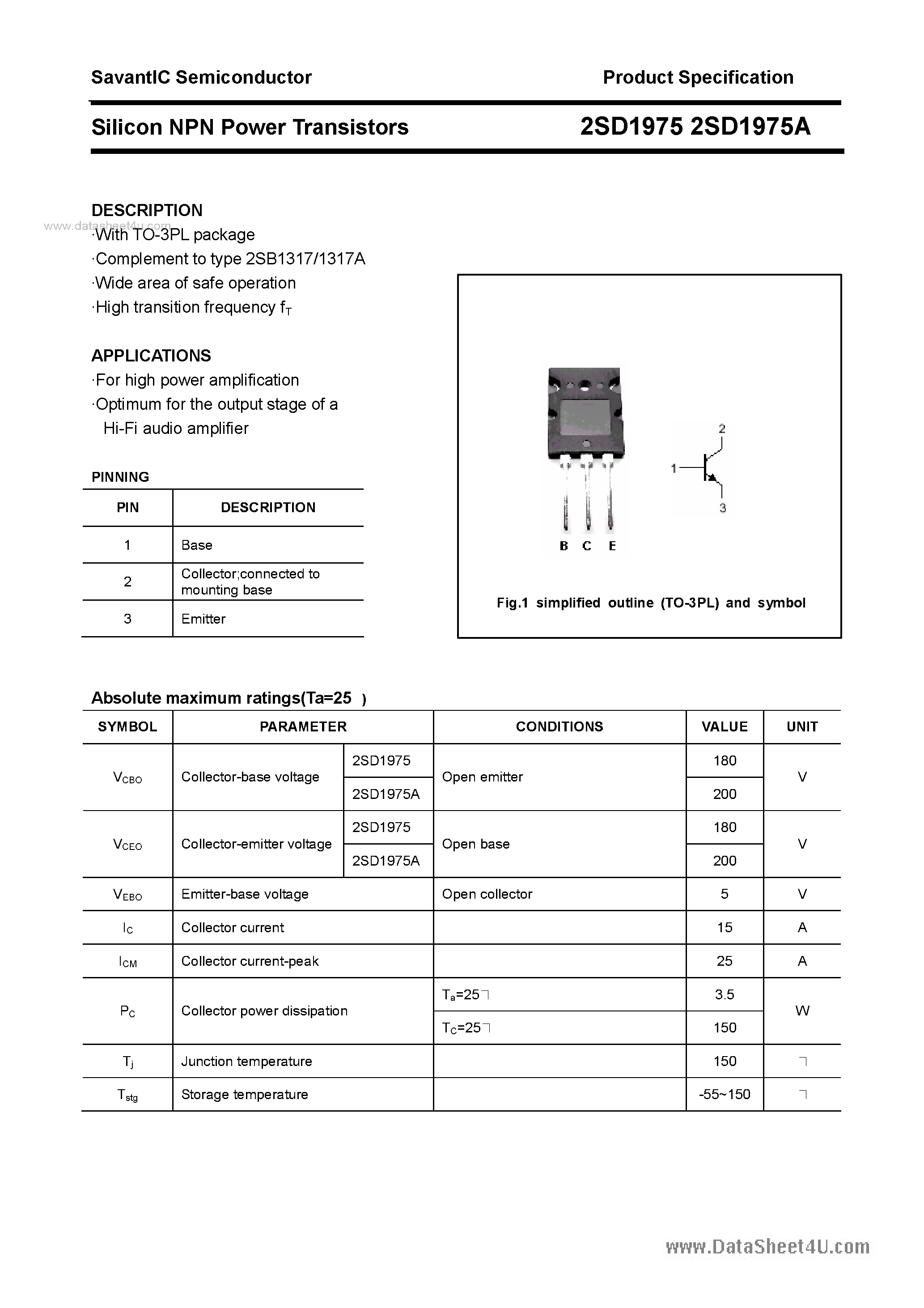 Datasheet 2SD1975 page 1 Datasheet 2SD1975 - SILICON POWER TRANSISTOR page 1