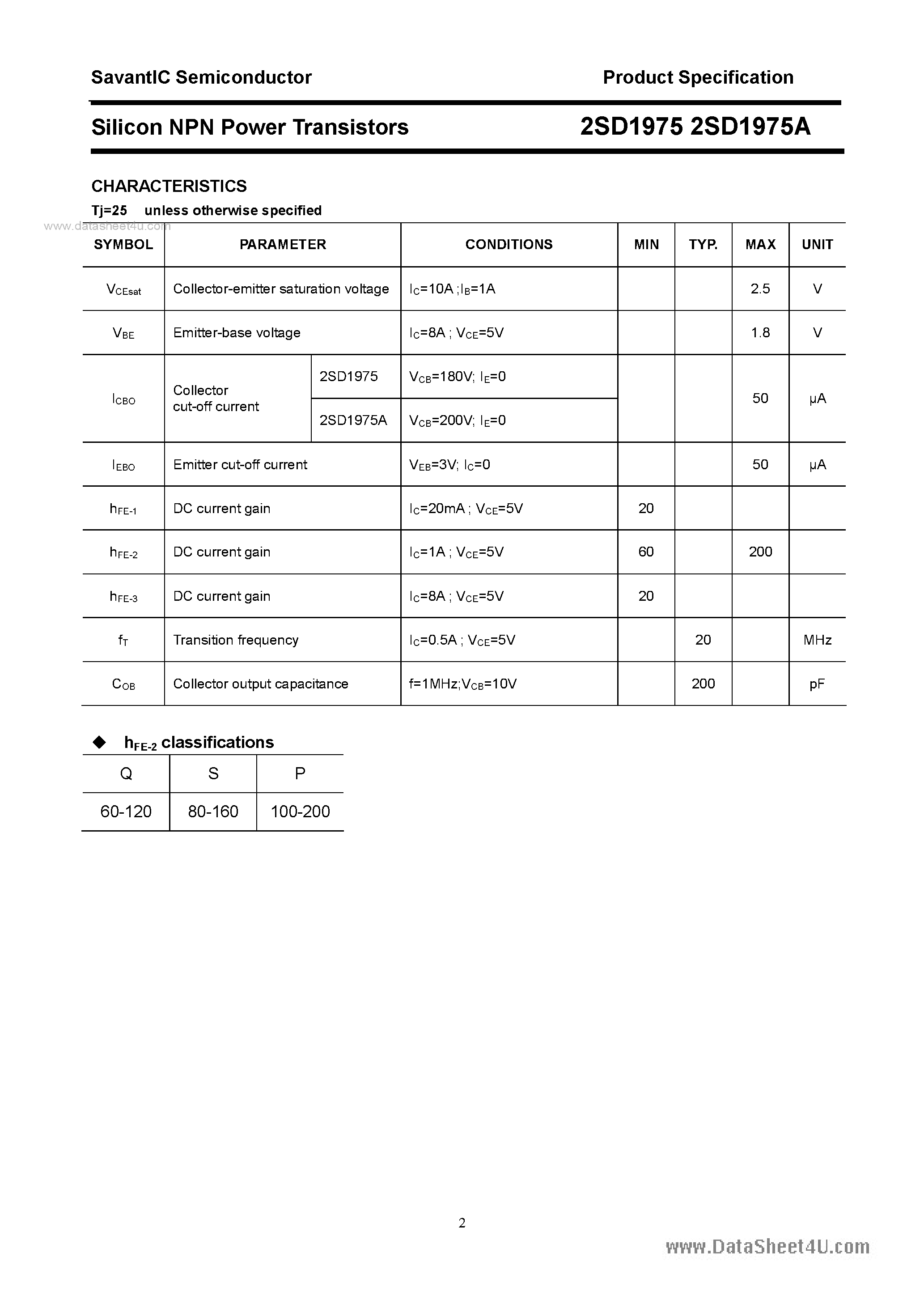 Datasheet 2SD1975 page 2 Datasheet 2SD1975 - SILICON POWER TRANSISTOR page 2