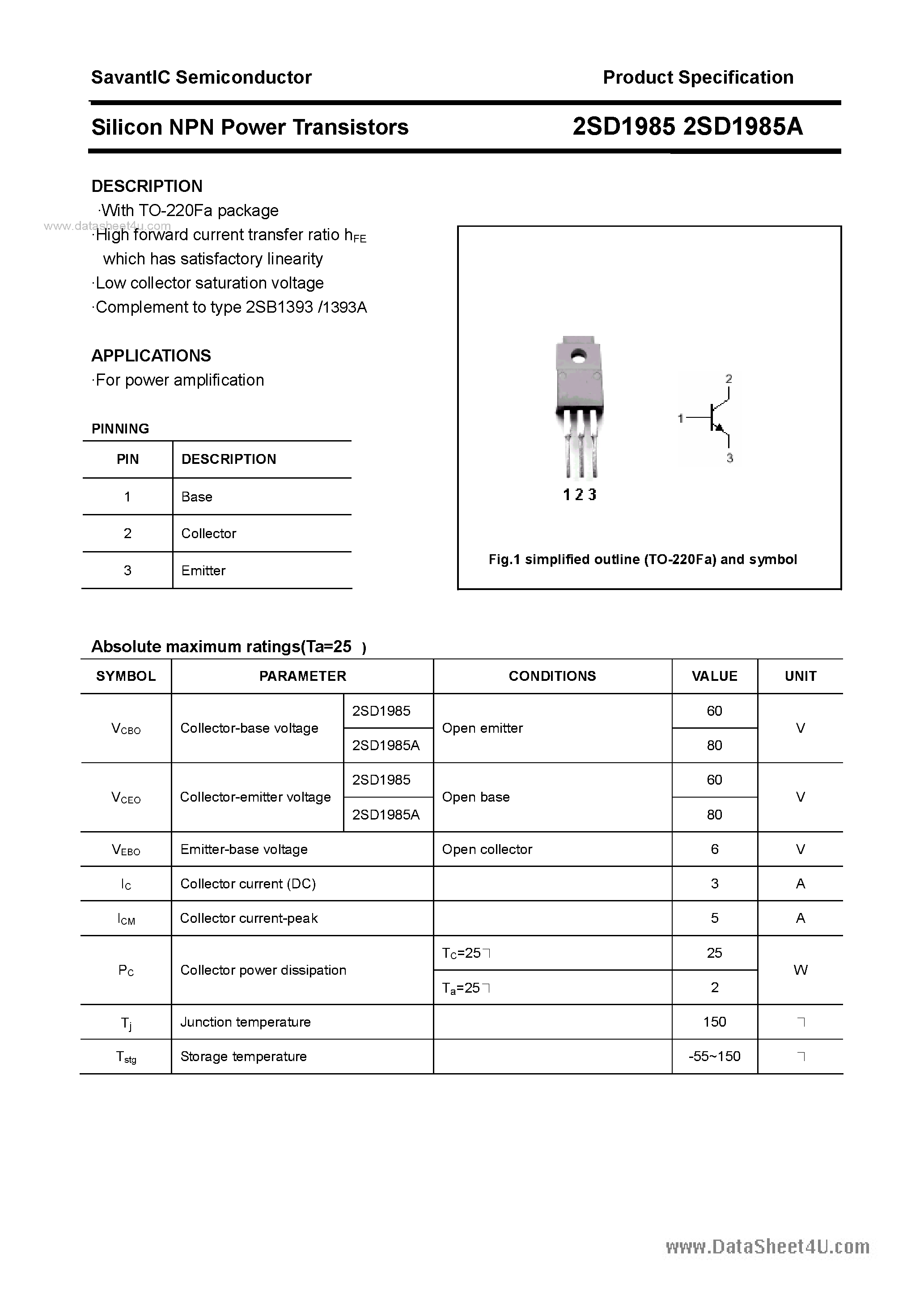 Datasheet 2SD1985 page 1 Datasheet 2SD1985 - SILICON POWER TRANSISTOR page 1