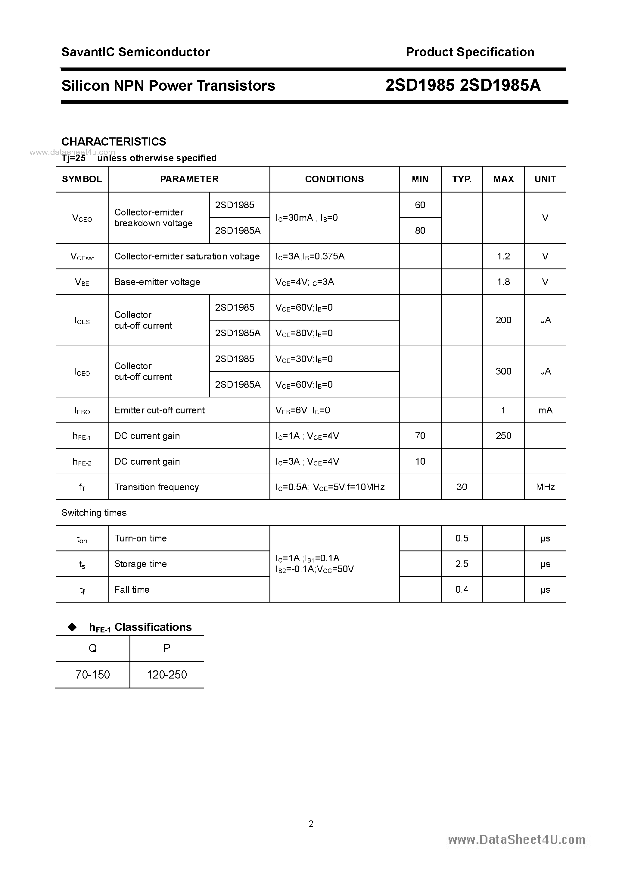 Datasheet 2SD1985 page 2 Datasheet 2SD1985 - SILICON POWER TRANSISTOR page 2