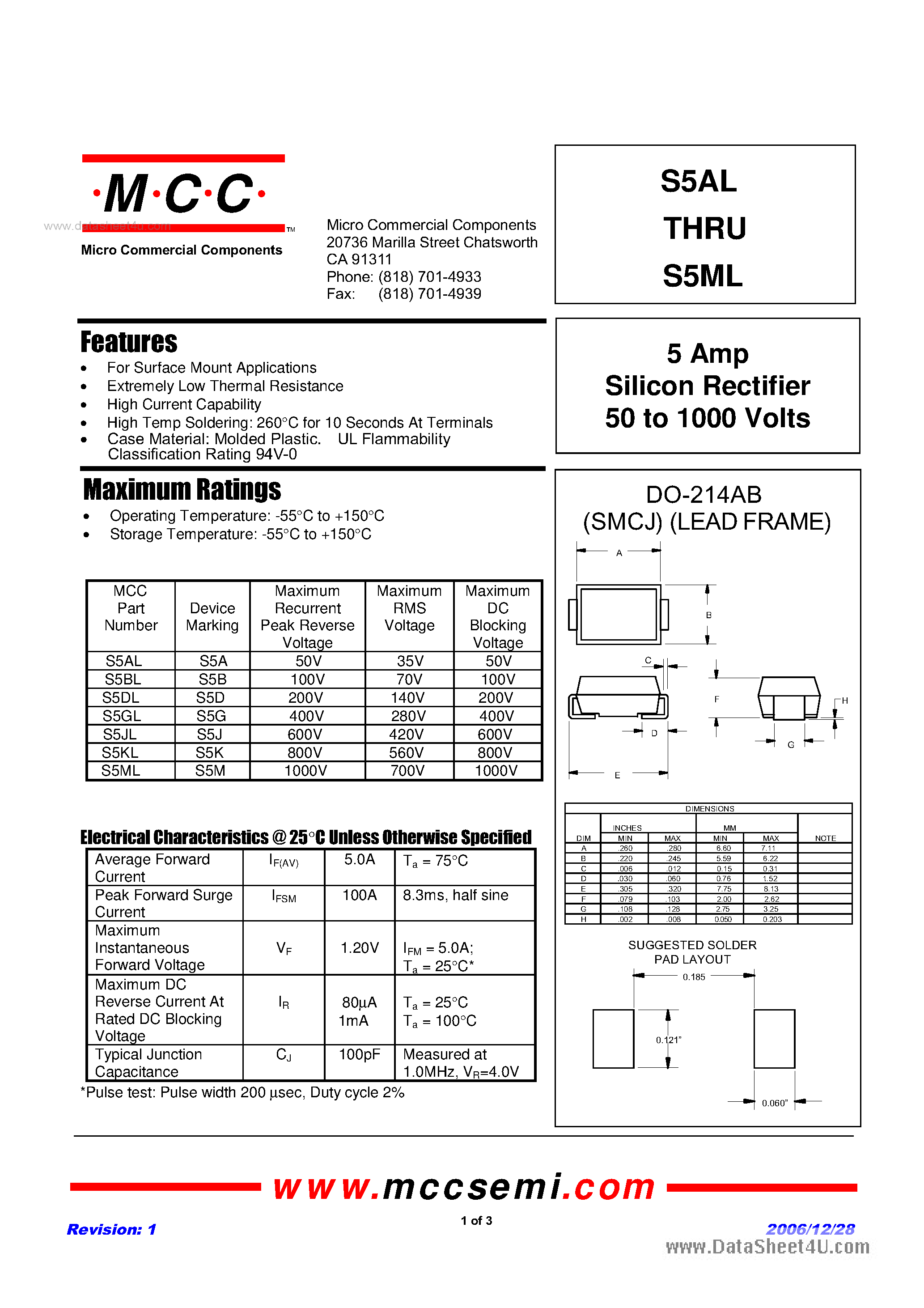 Datasheet S5KL - 5 Amp Silicon Rectifier 50 to 1000 Volts page 1