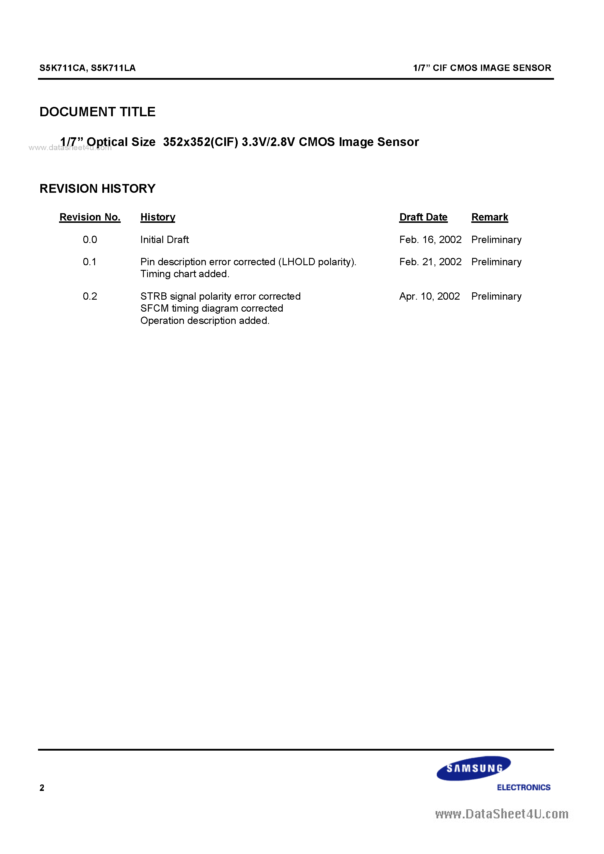 Даташит на микросхему S5K711CA страница 2 Даташит S5K711CA - 1/7 CIF CMOS Image Sensor страница 2