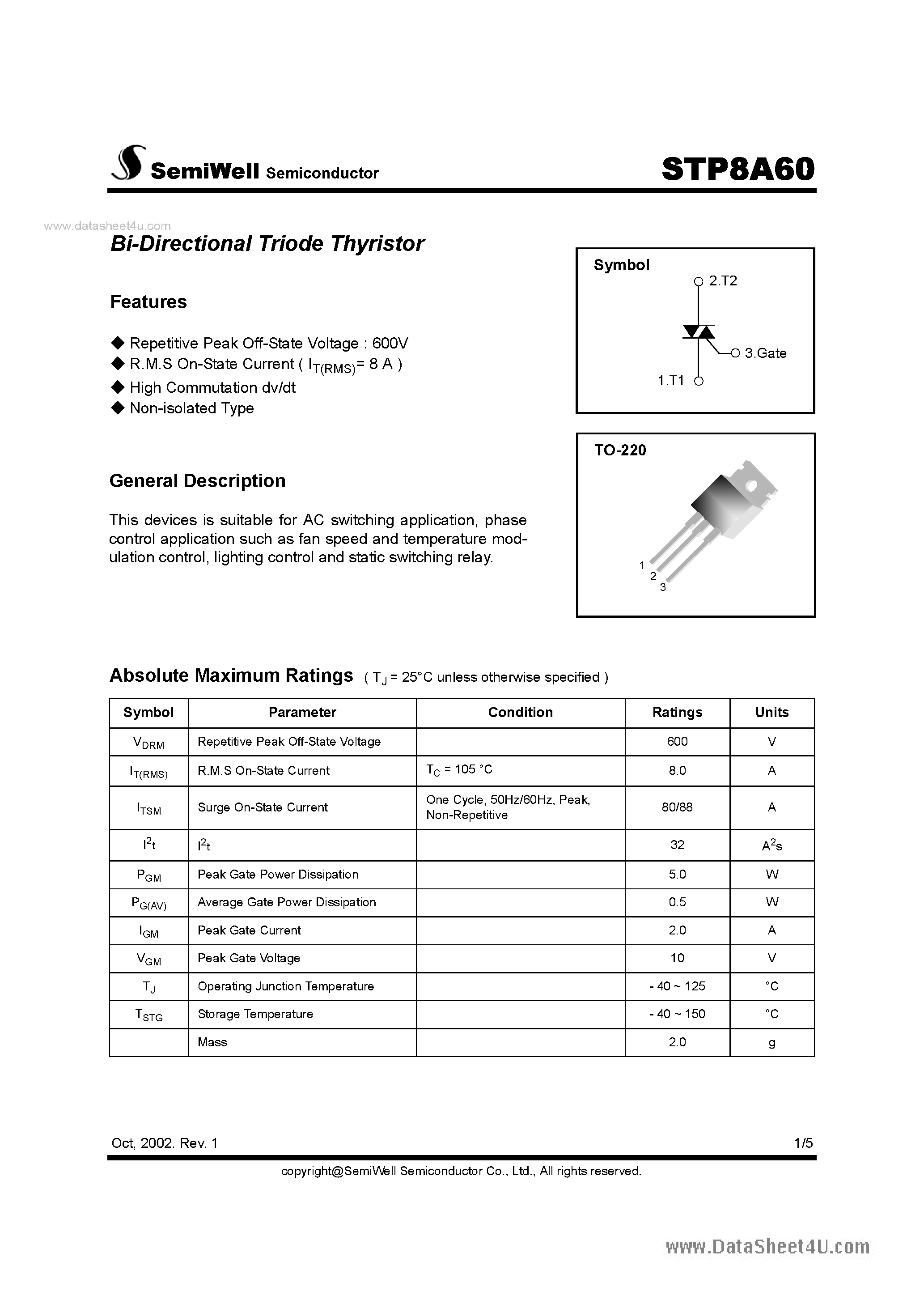 Datasheet STP8A60 - Bi-Directional Triode Thyristor page 1