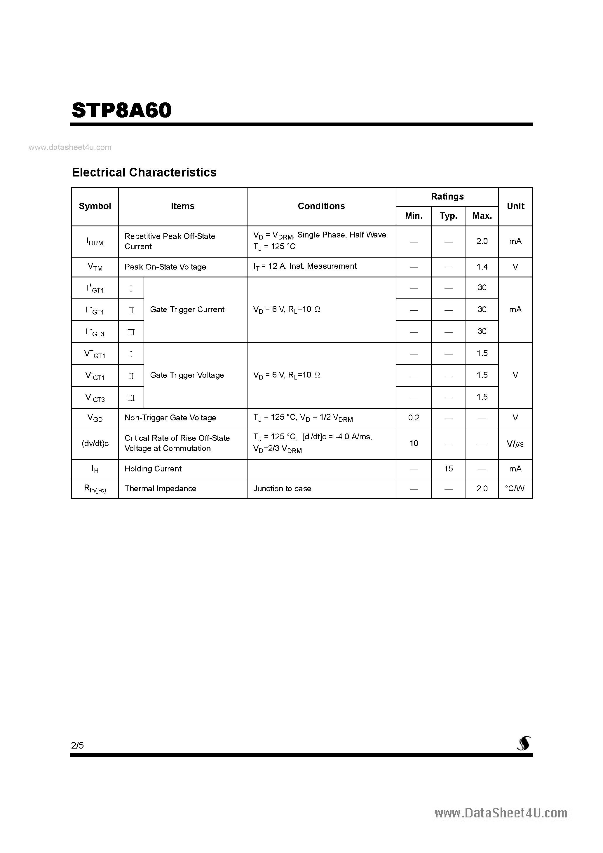 Datasheet STP8A60 - Bi-Directional Triode Thyristor page 2