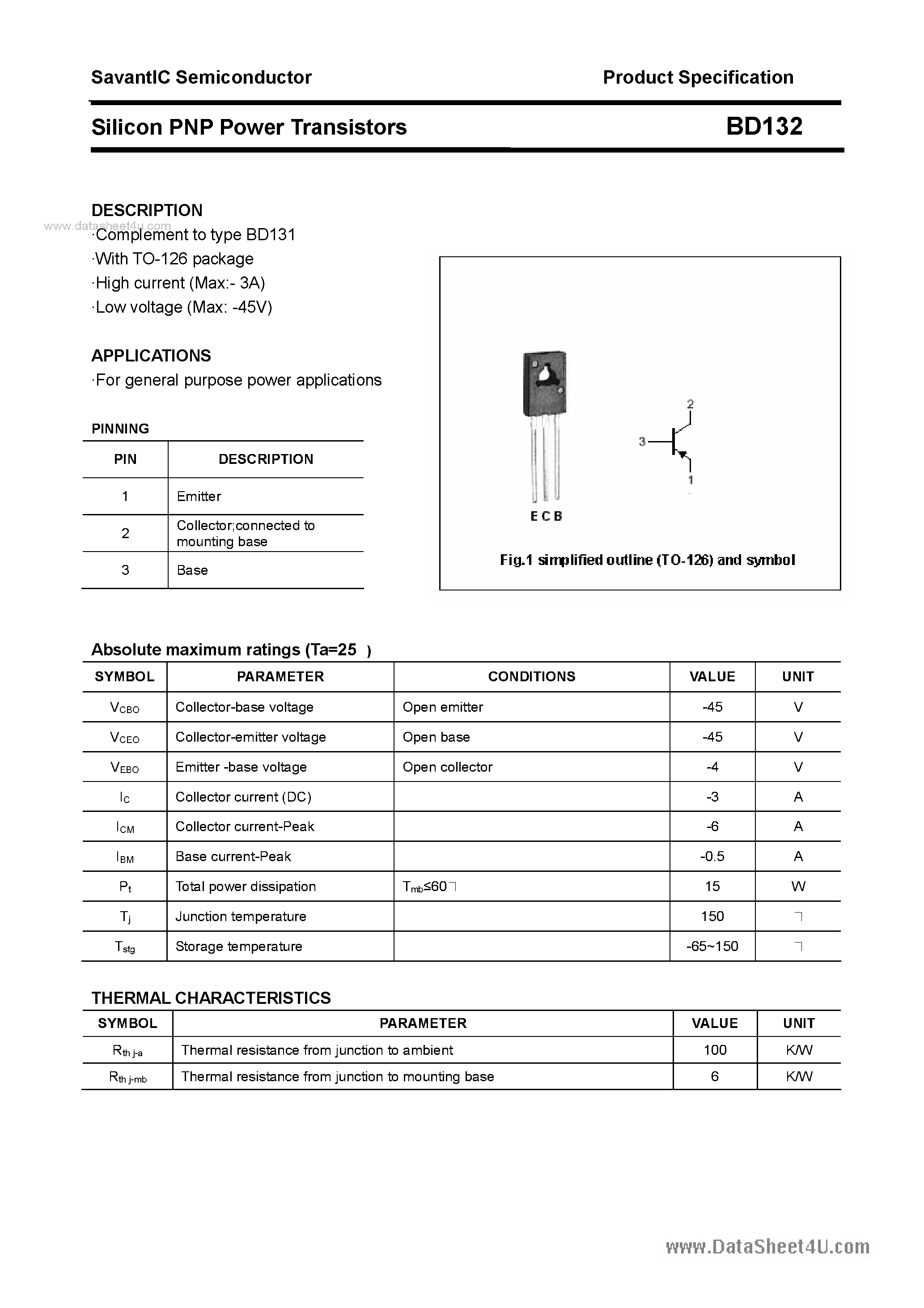 Даташит BD132 - SILICON POWER TRANSISTOR страница 1