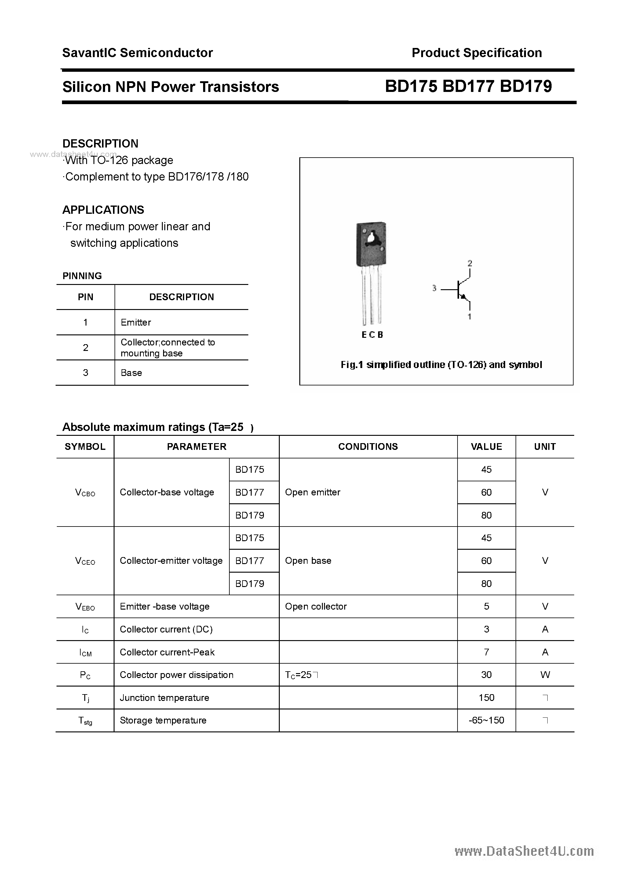 Даташит на микросхему BD175 страница 1 Даташит BD175 - (BD175 - BD179) SILICON POWER TRANSISTOR страница 1