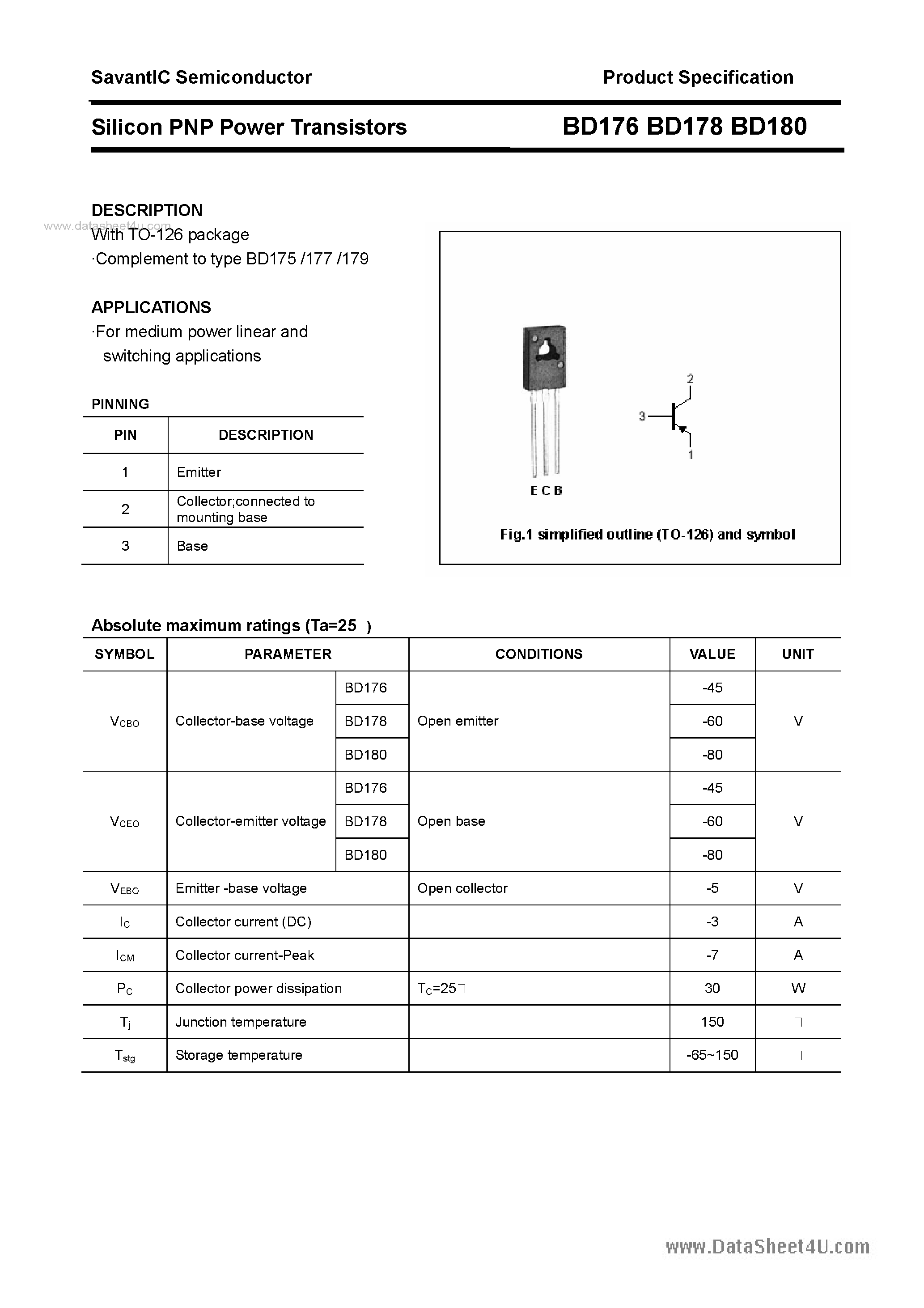 Datasheet BD176 page 1 Datasheet BD176 - (BD176 - BD180) SILICON POWER TRANSISTOR page 1
