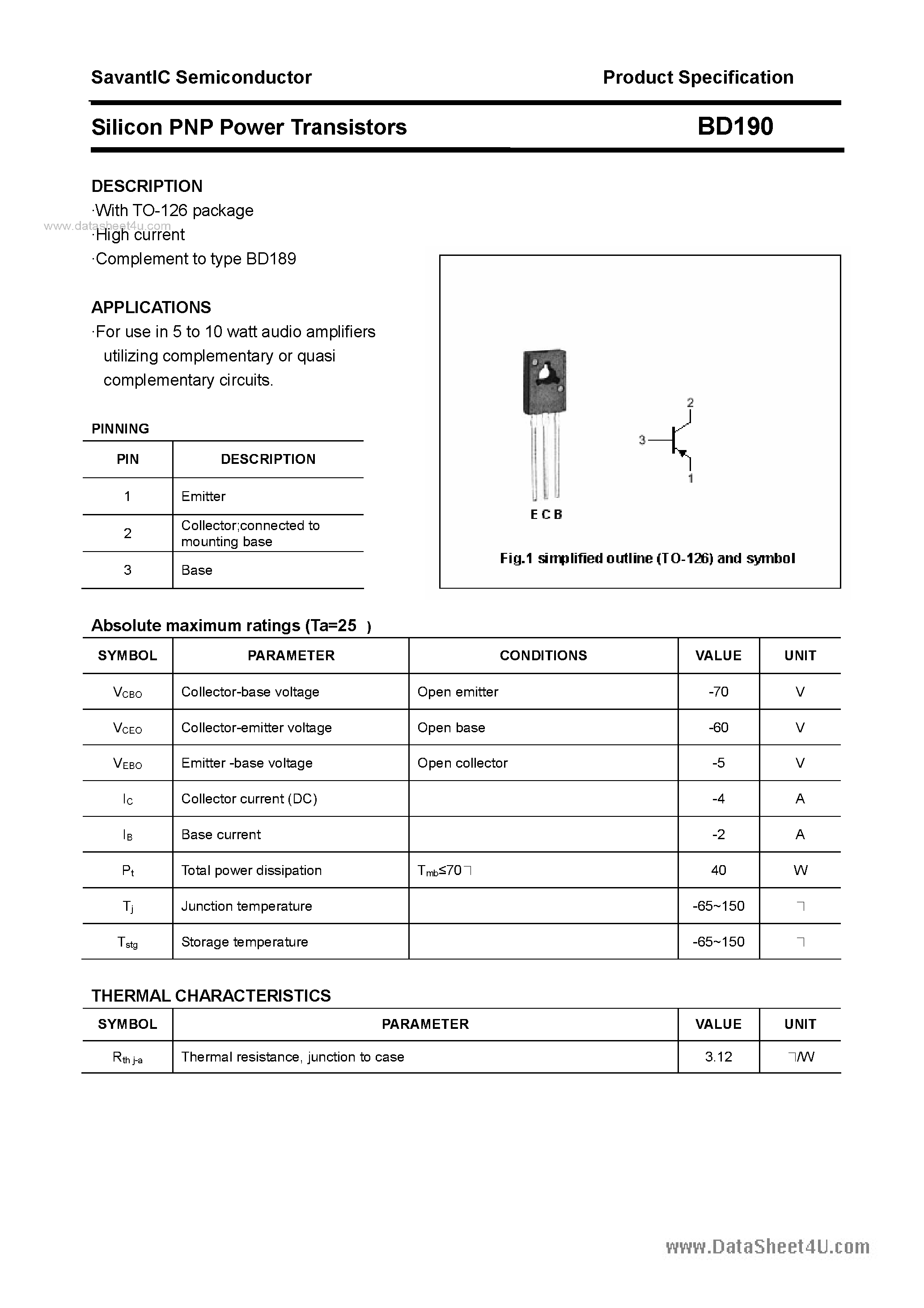 Datasheet BD190 page 1 Datasheet BD190 - SILICON POWER TRANSISTOR page 1