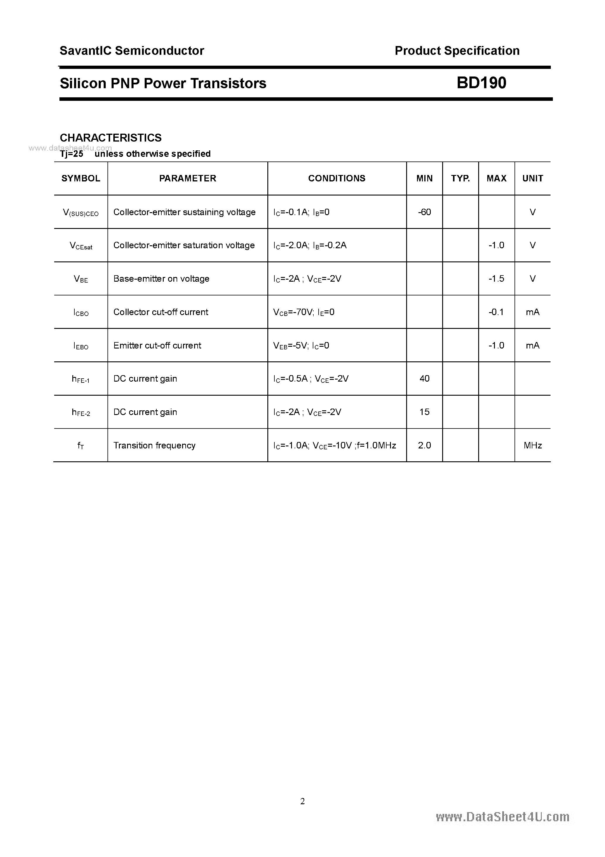 Datasheet BD190 page 2 Datasheet BD190 - SILICON POWER TRANSISTOR page 2