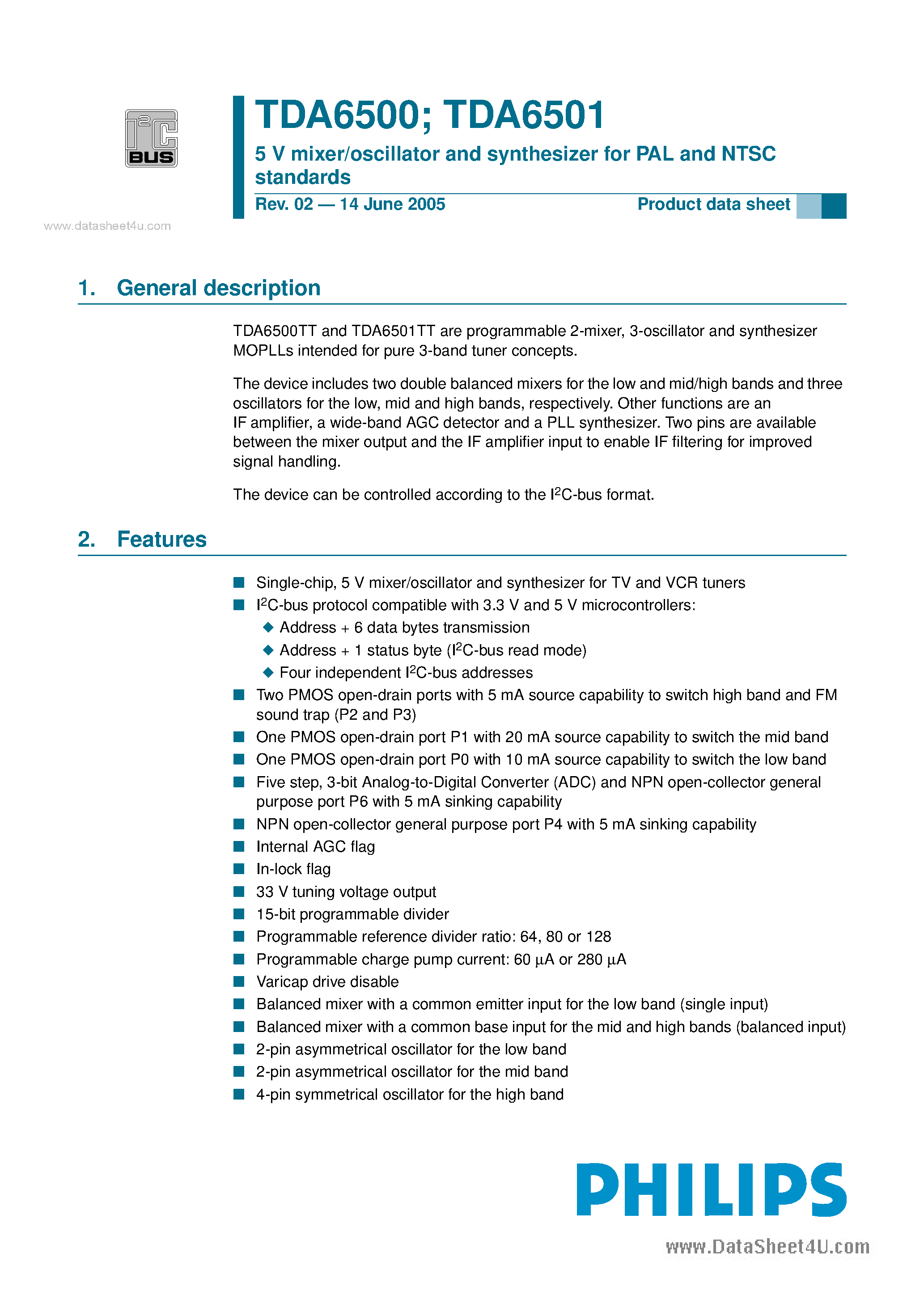 Datasheet TDA6500 - (TDA6500 / TDA6501) 5V mixer/oscillator and synthesizer page 1