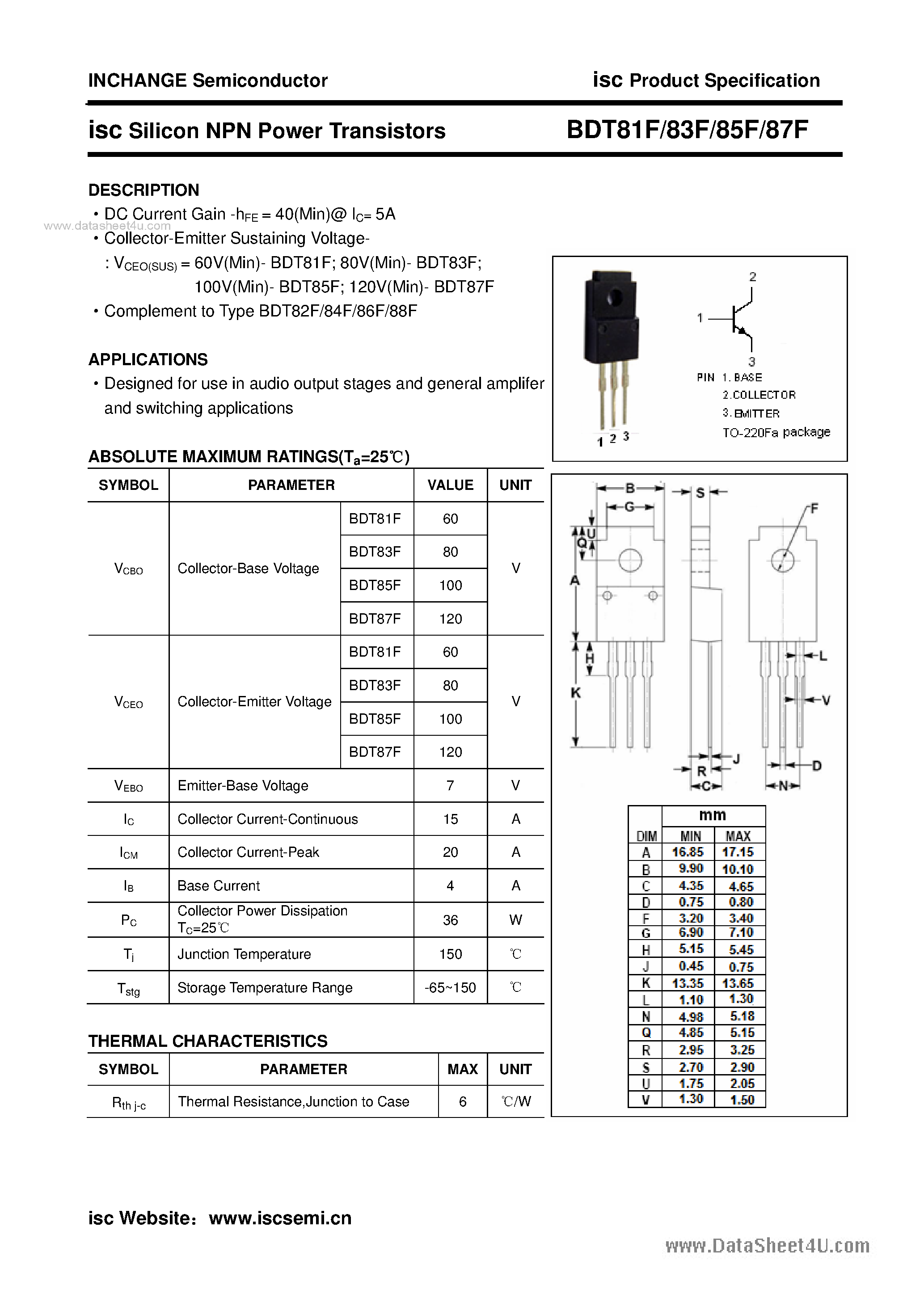 Даташит BDT83F - (BDT81F - BDT87F) Silicon NPN Power Transistors страница 1