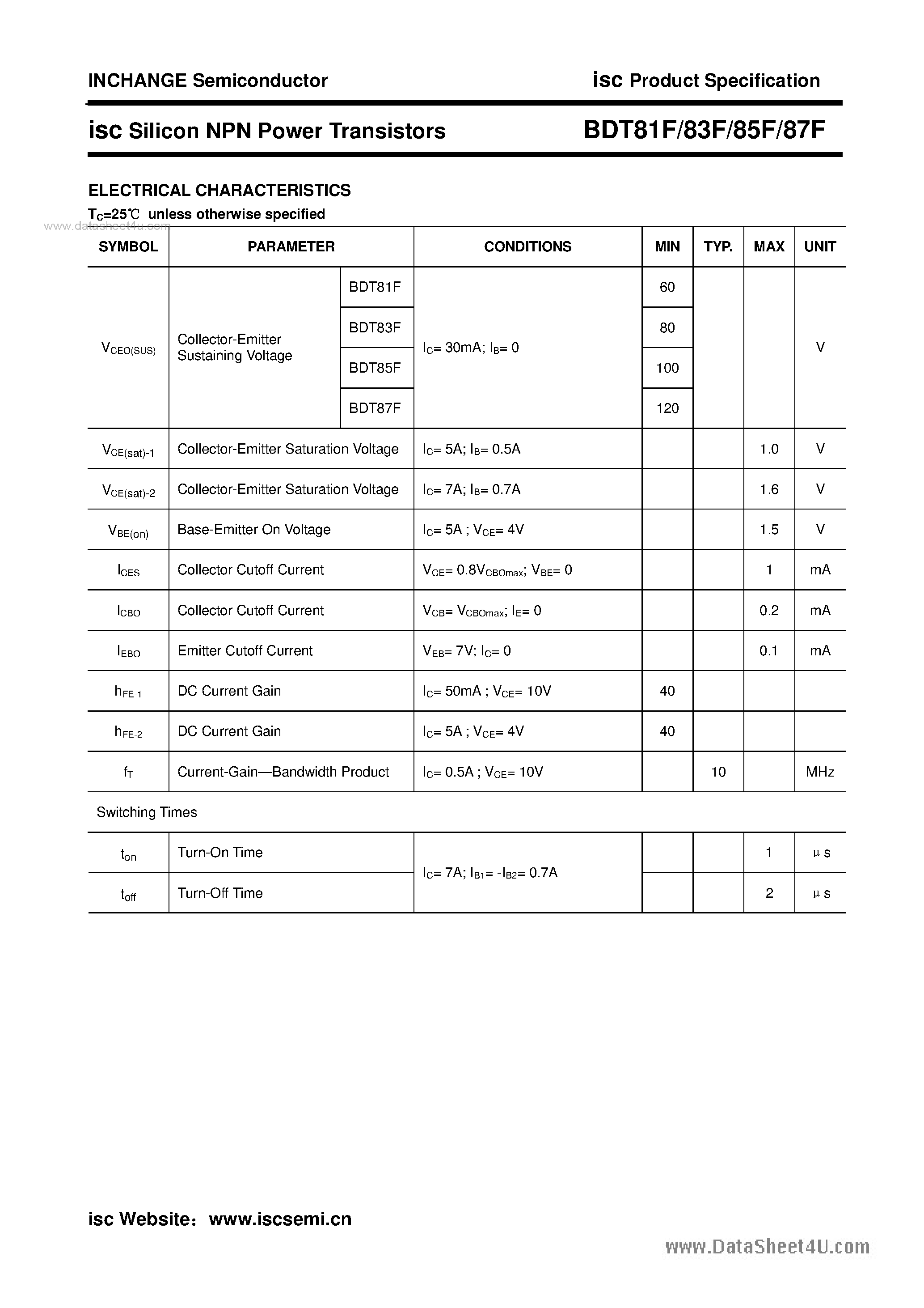 Даташит BDT83F - (BDT81F - BDT87F) Silicon NPN Power Transistors страница 2