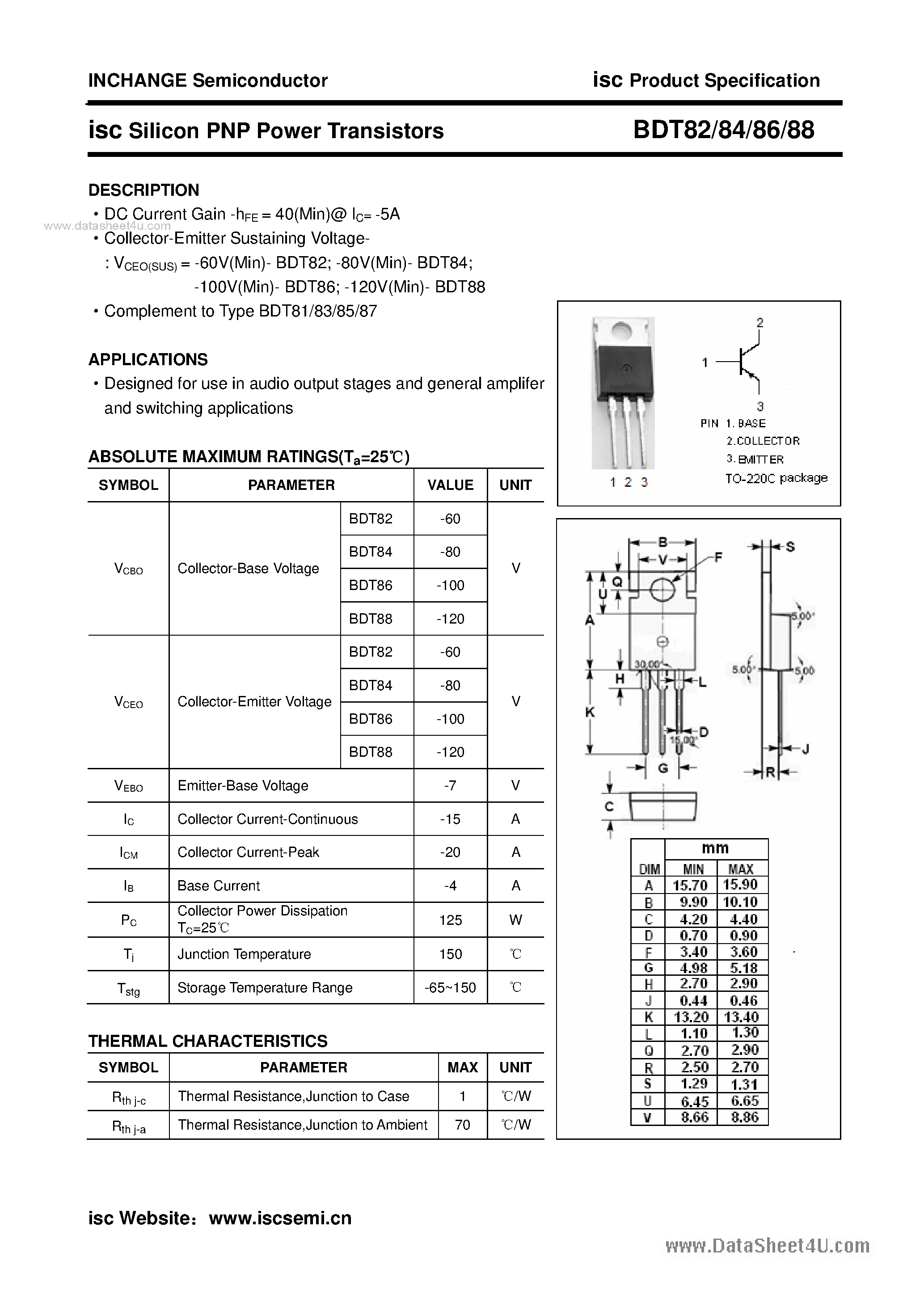 Даташит BDT82 - (BDT82 - BDT88) Silicon PNP Power Transistors страница 1