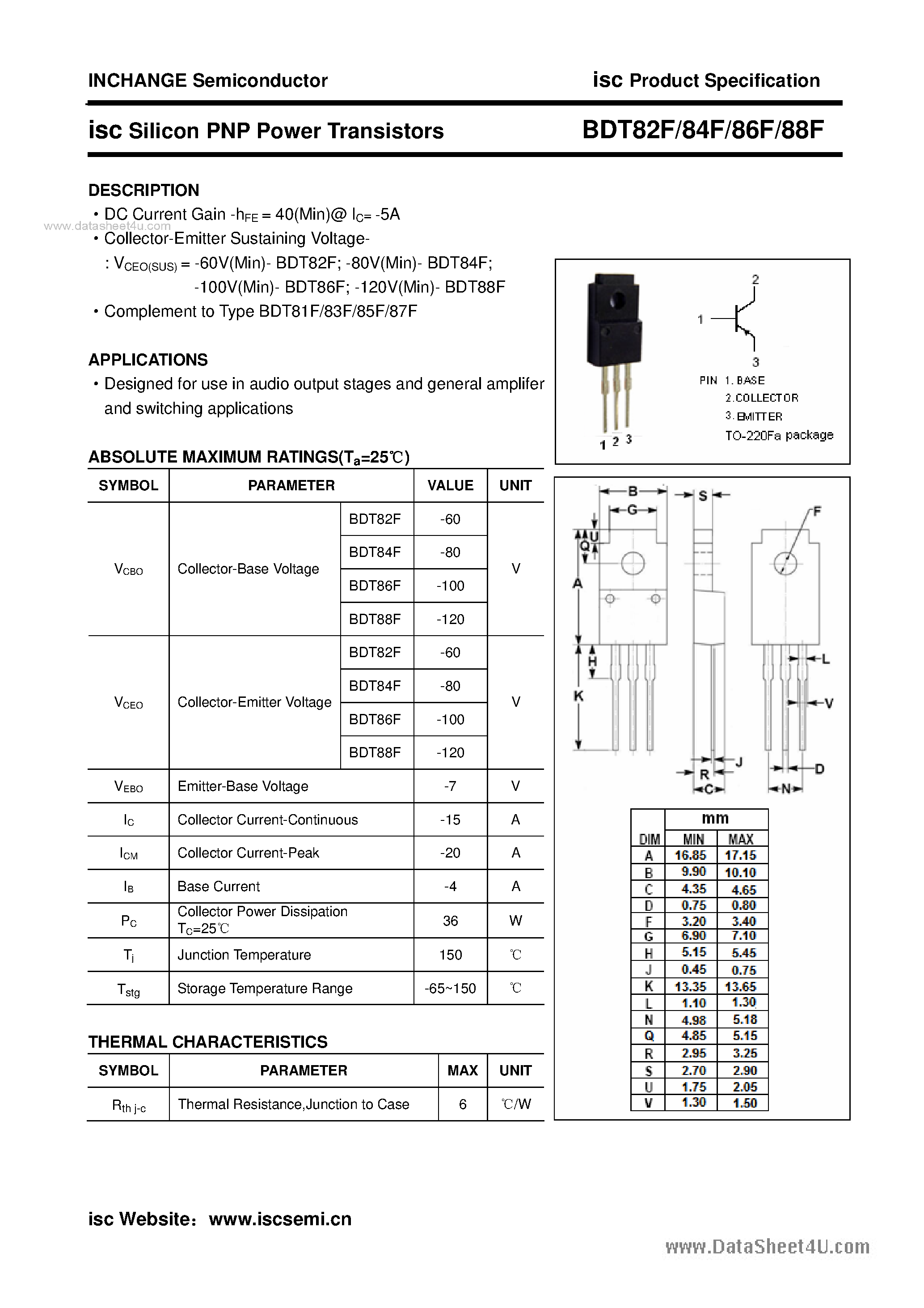 Даташит BDT82F - (BDT82F - BDT88F) Silicon PNP Power Transistors страница 1