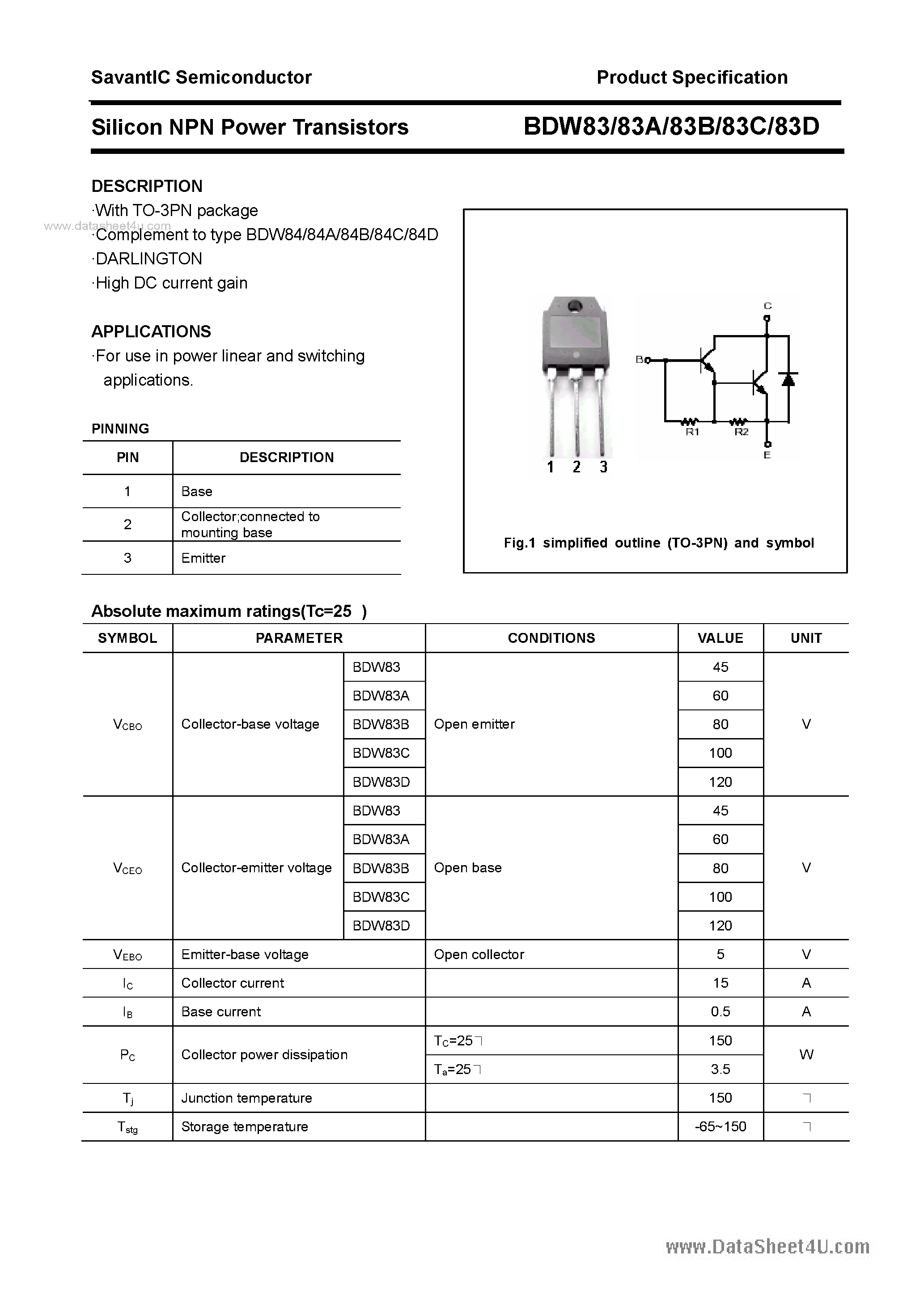 Даташит BDW83 - SILICON POWER TRANSISTOR страница 1