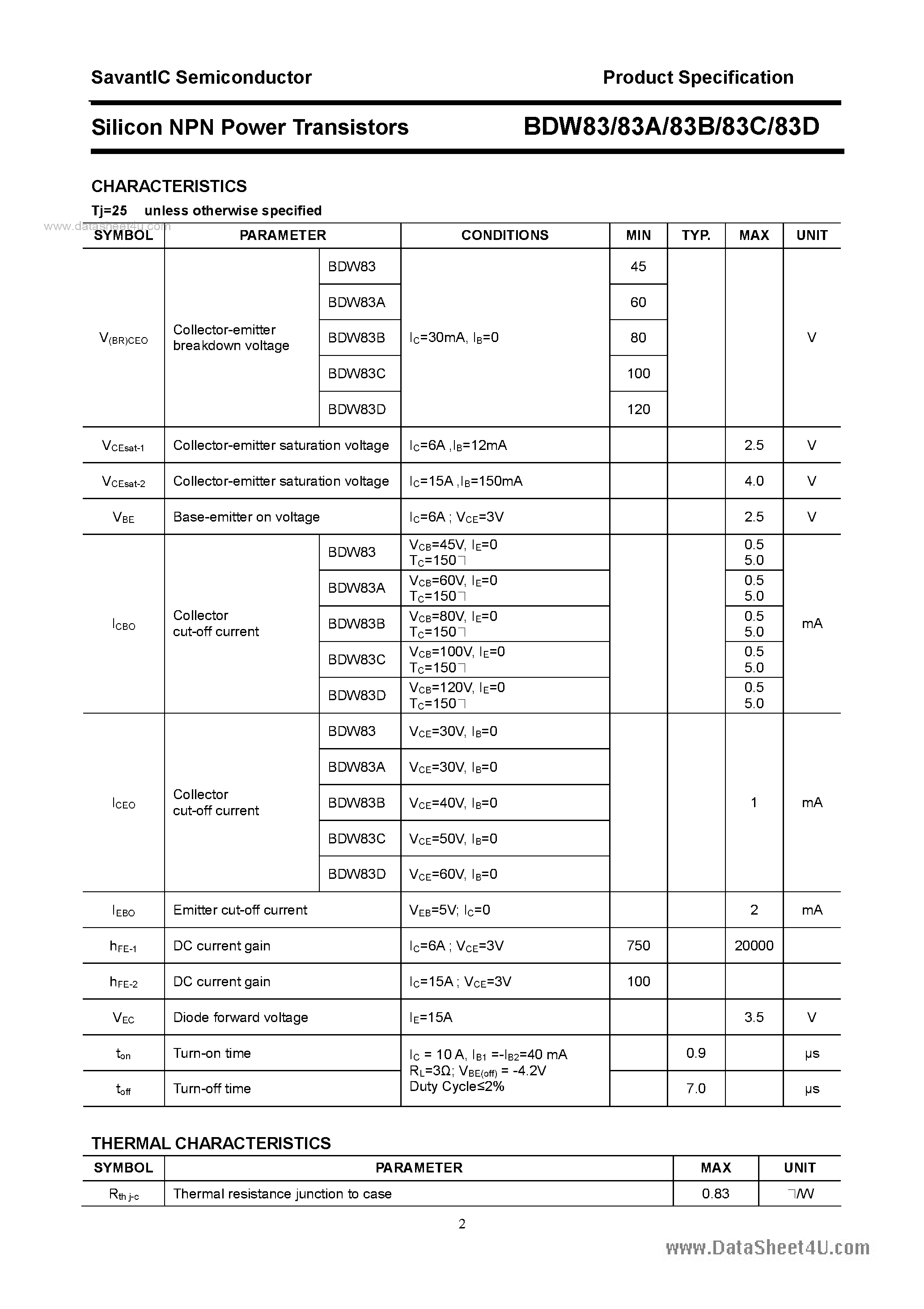 Даташит BDW83 - SILICON POWER TRANSISTOR страница 2