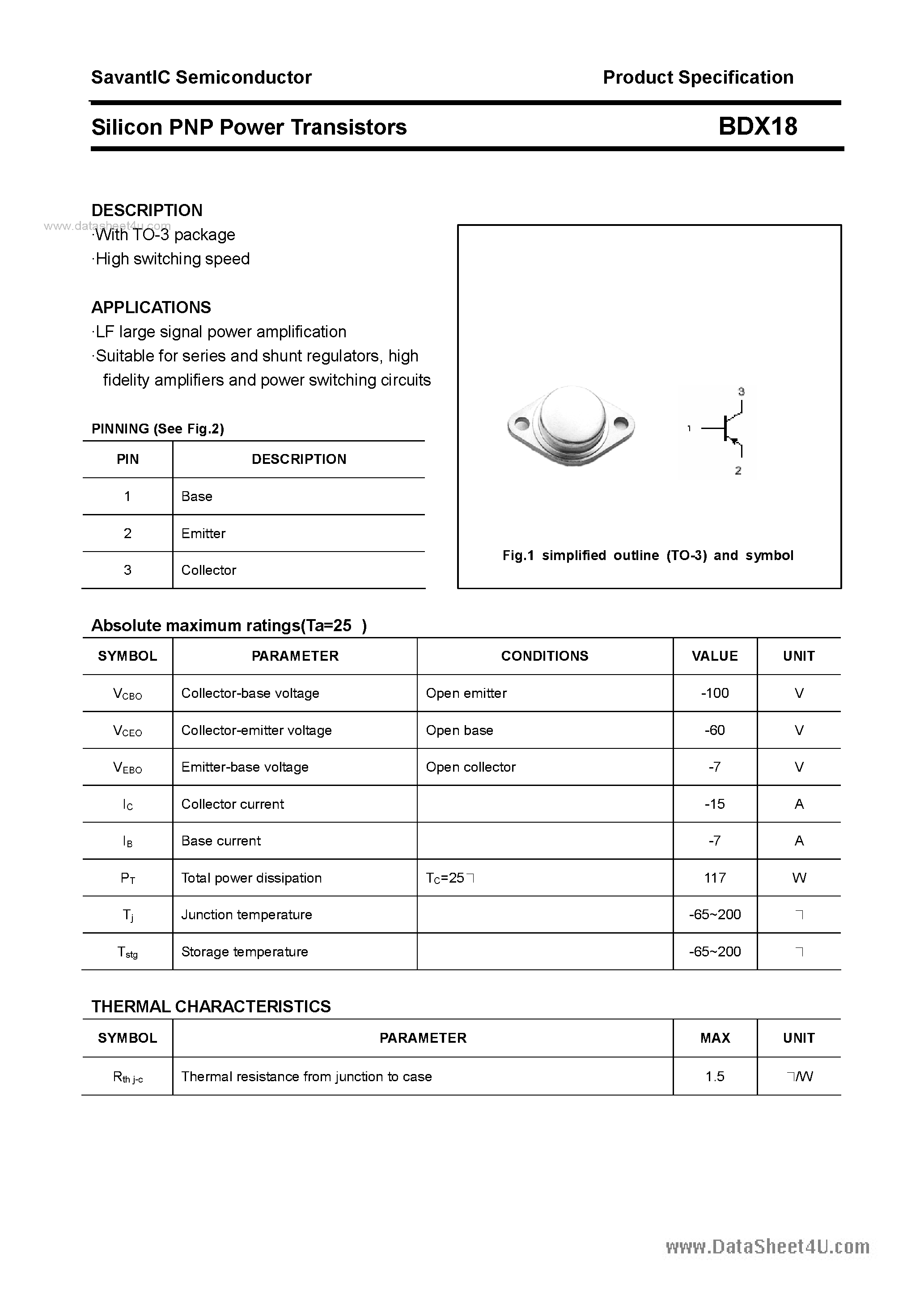 Datasheet BDX18 - SILICON POWER TRANSISTOR page 1
