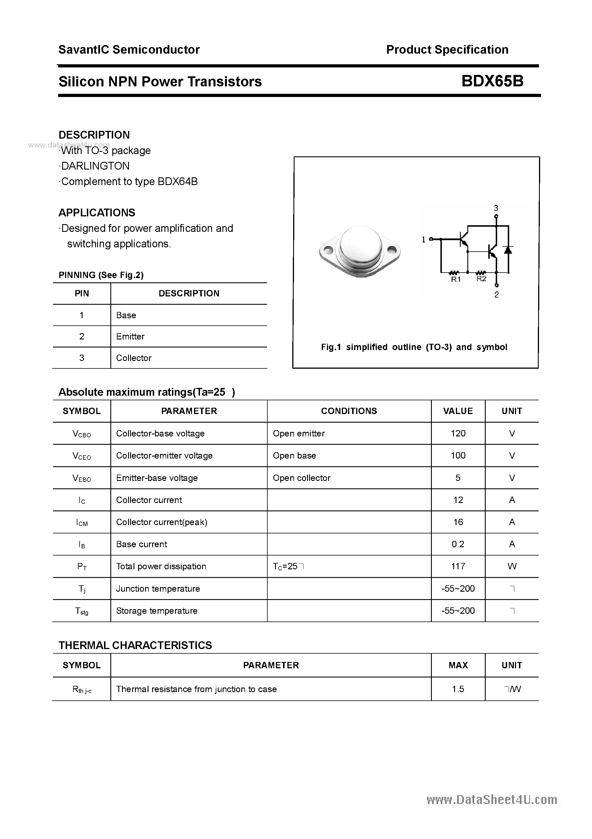 Datasheet BDX65B - SILICON POWER TRANSISTOR page 1