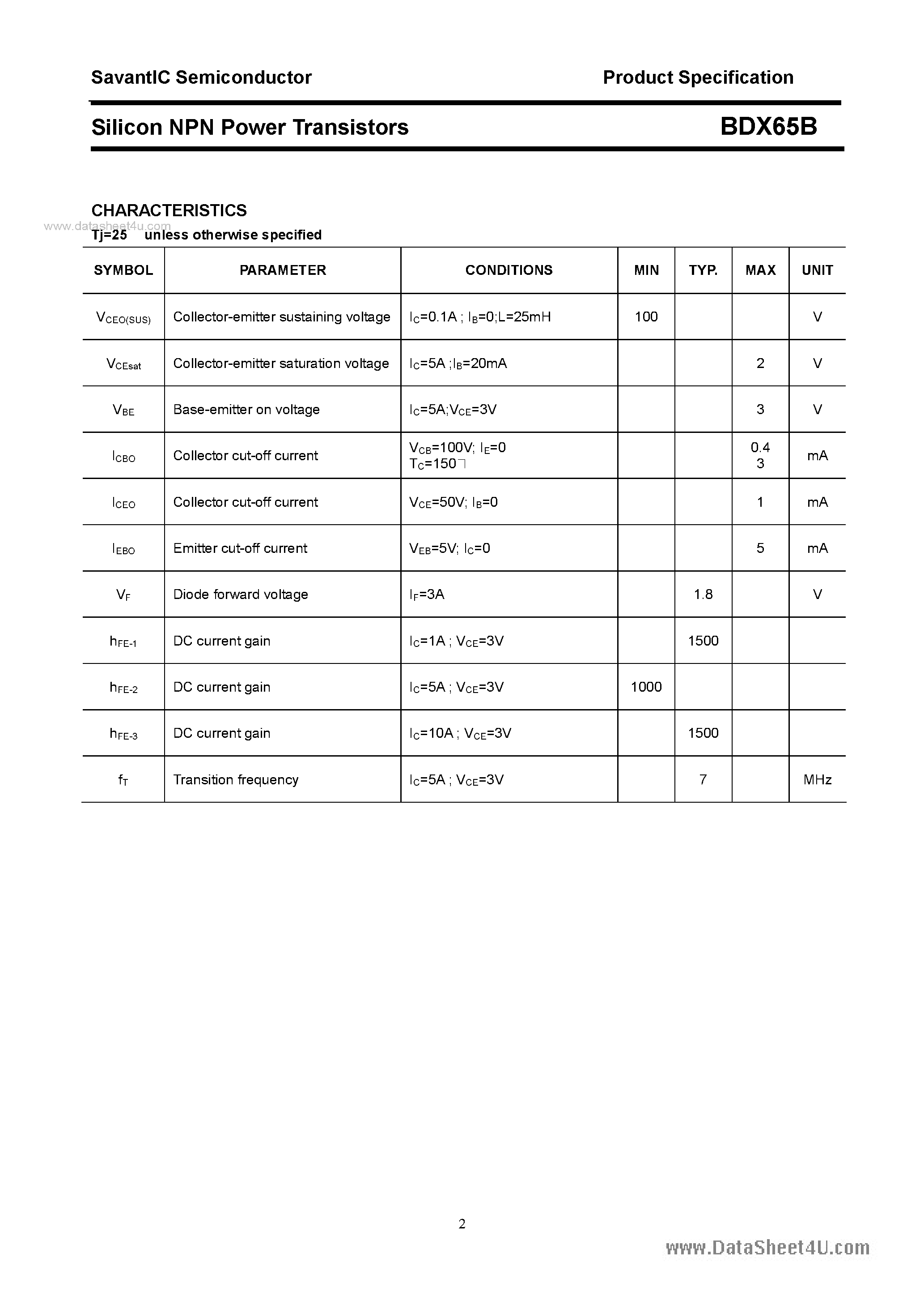 Datasheet BDX65B - SILICON POWER TRANSISTOR page 2