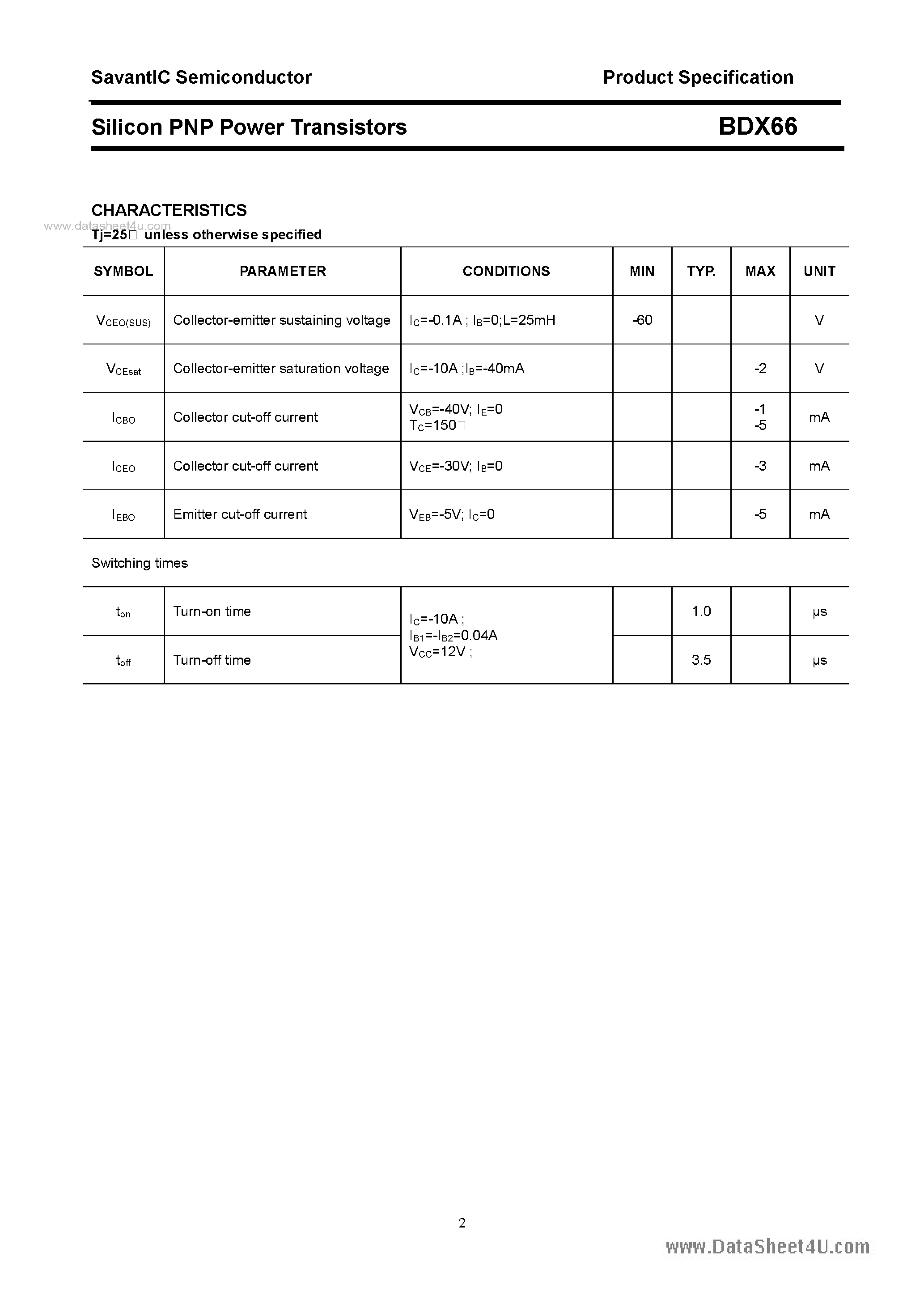 Datasheet BDX66 page 2 Datasheet BDX66 - SILICON POWER TRANSISTOR page 2