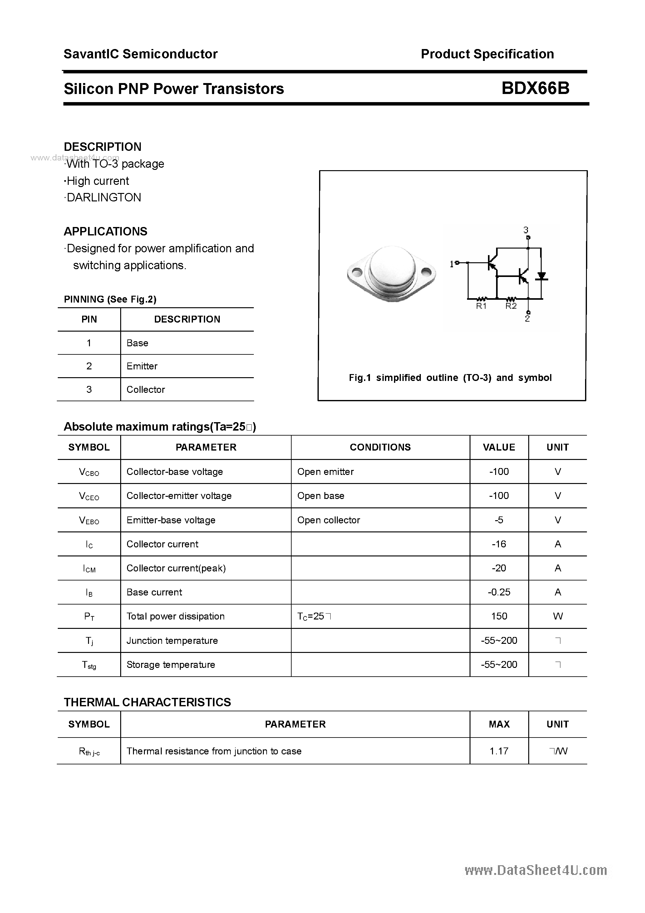 Datasheet BDX66B - SILICON POWER TRANSISTOR page 1