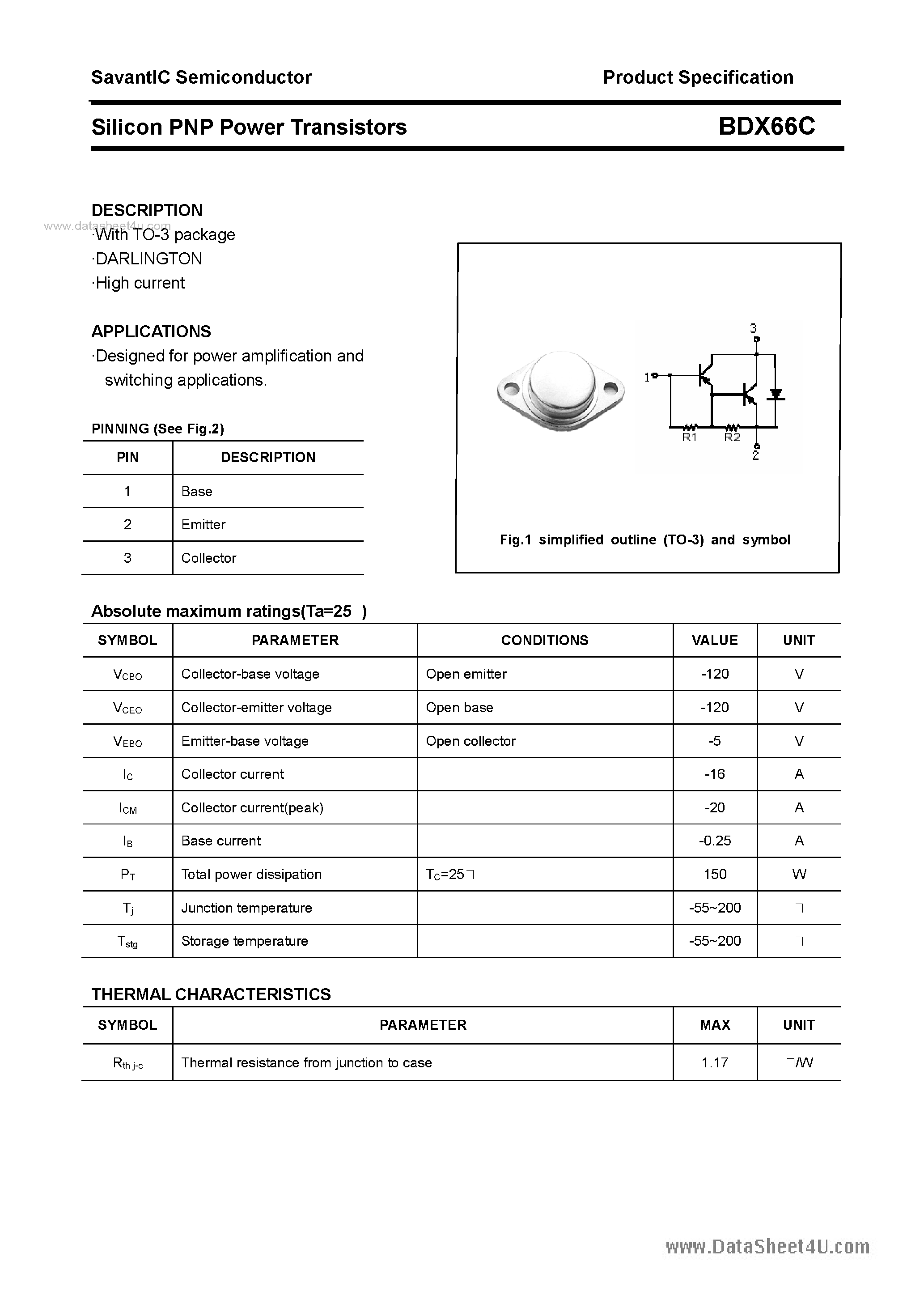 Datasheet BDX66C - SILICON POWER TRANSISTOR page 1