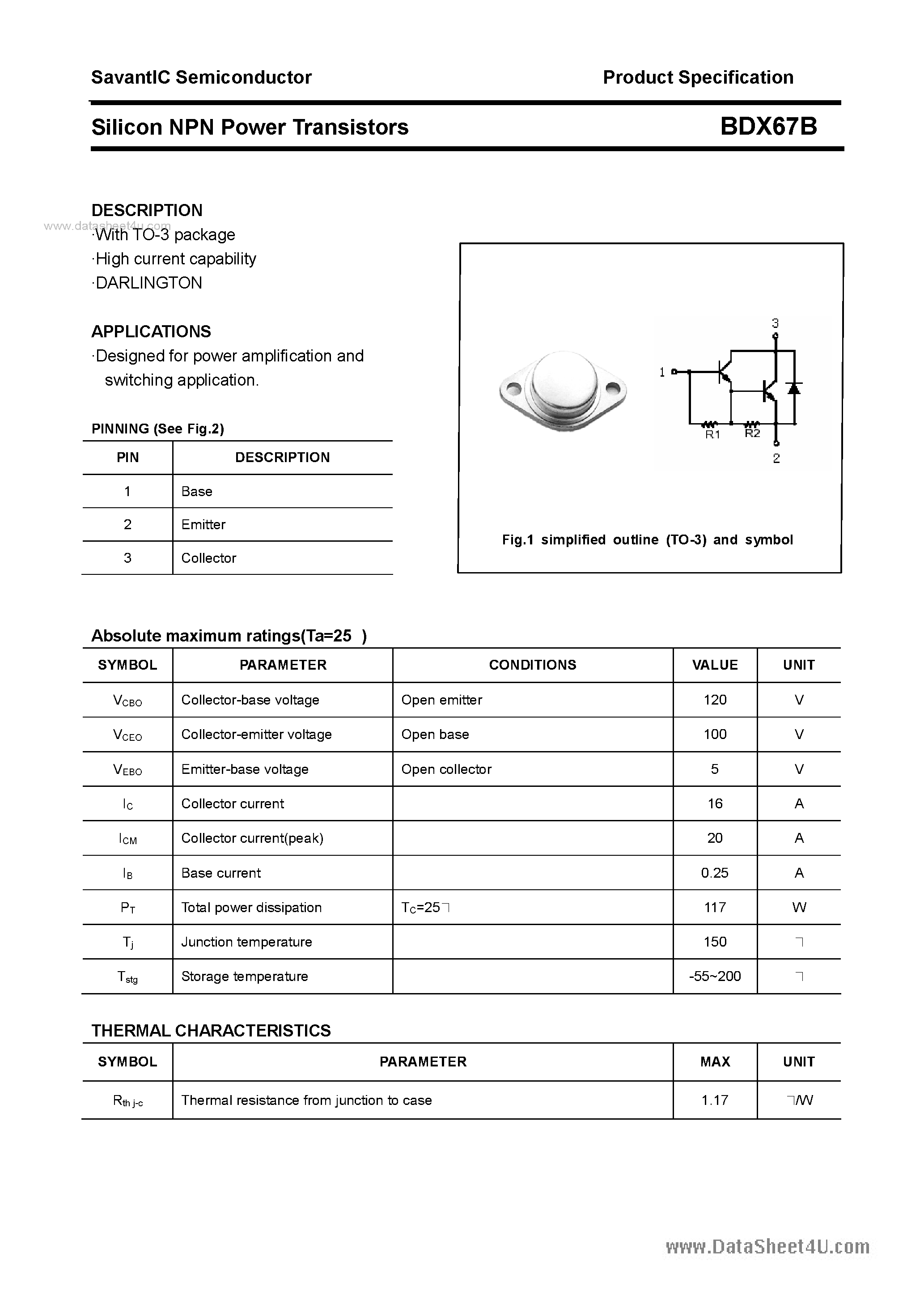 Datasheet BDX67B page 1 Datasheet BDX67B - SILICON POWER TRANSISTOR page 1
