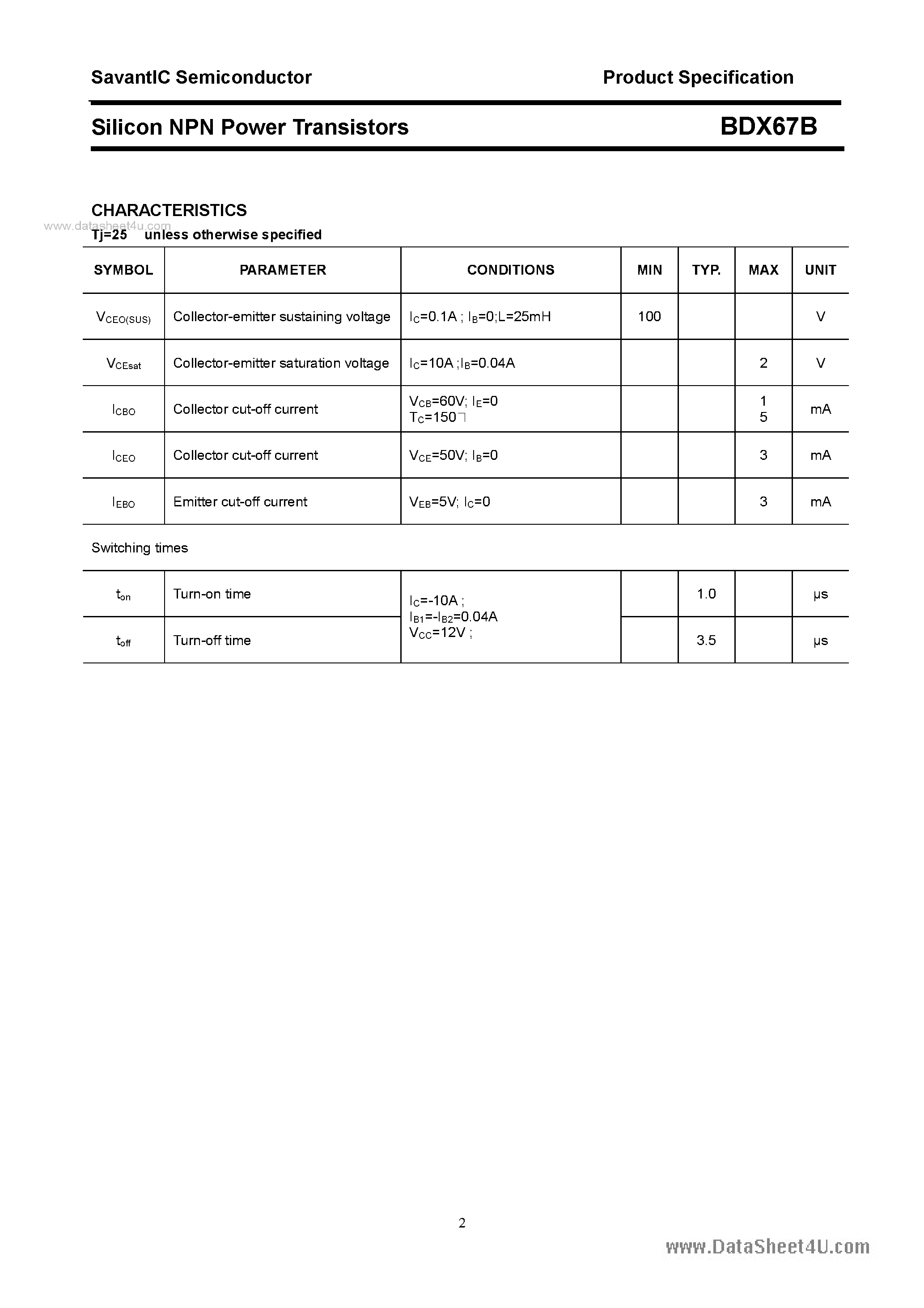 Datasheet BDX67B page 2 Datasheet BDX67B - SILICON POWER TRANSISTOR page 2
