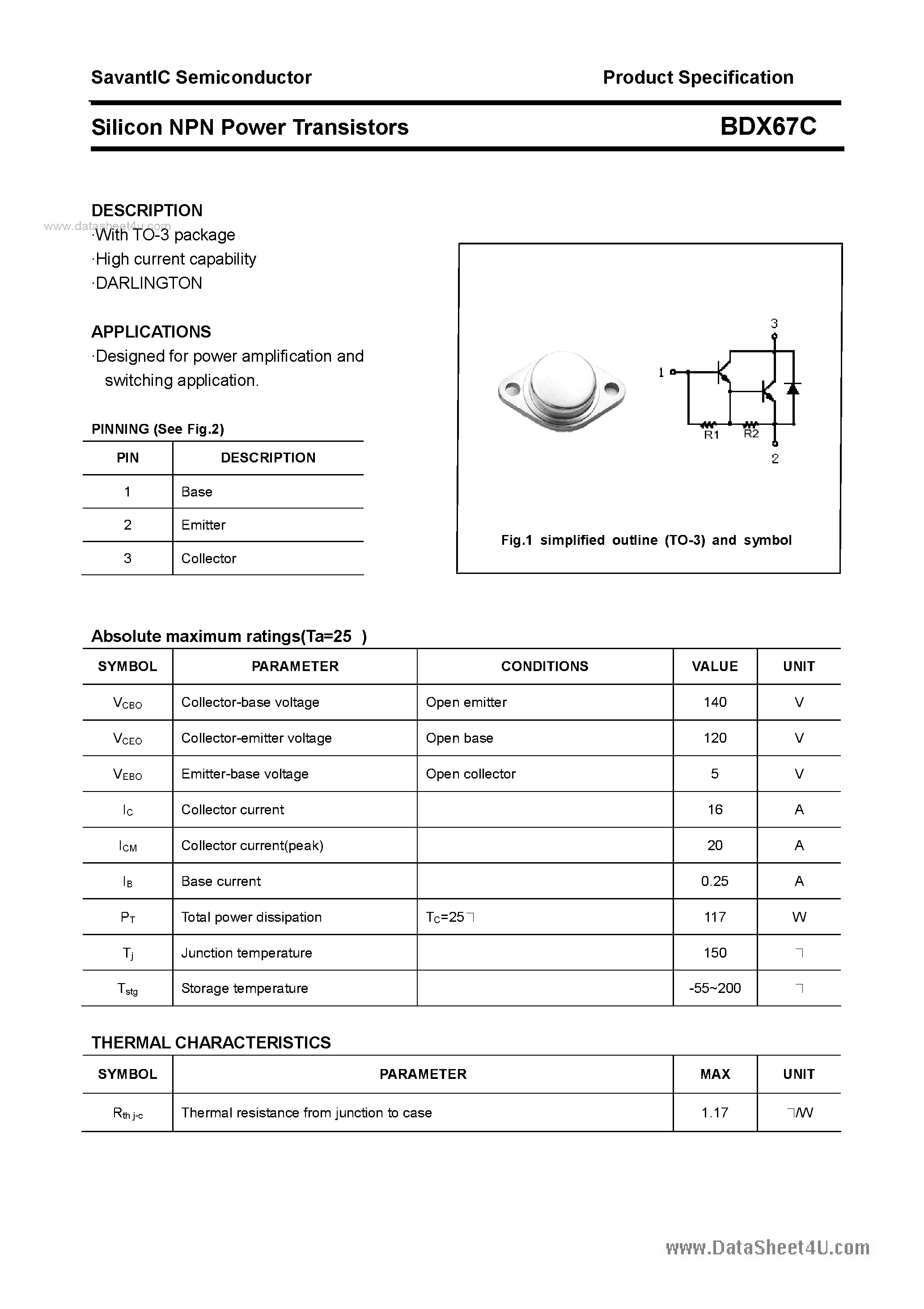 Datasheet BDX67C page 1 Datasheet BDX67C - SILICON POWER TRANSISTOR page 1