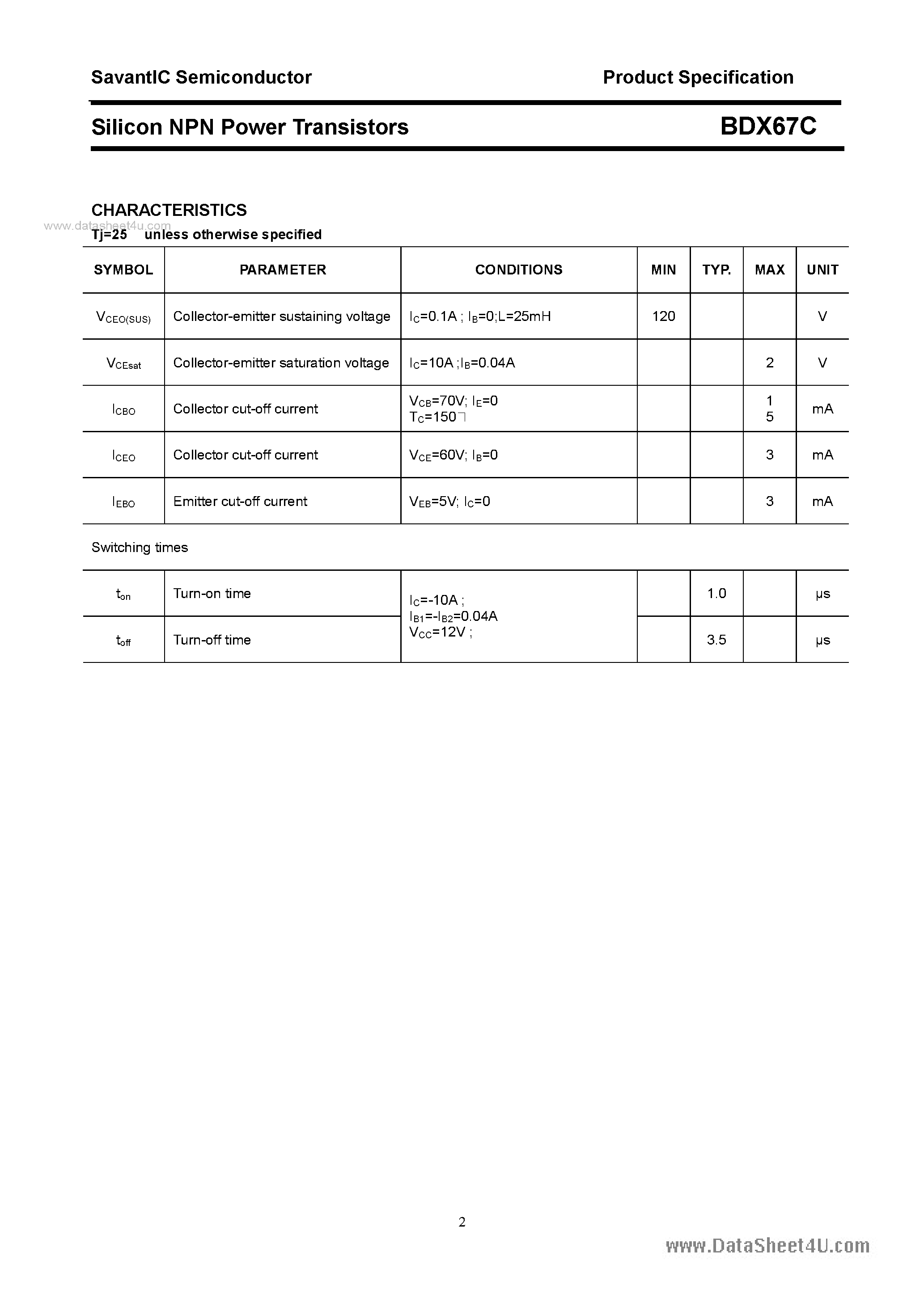 Datasheet BDX67C page 2 Datasheet BDX67C - SILICON POWER TRANSISTOR page 2