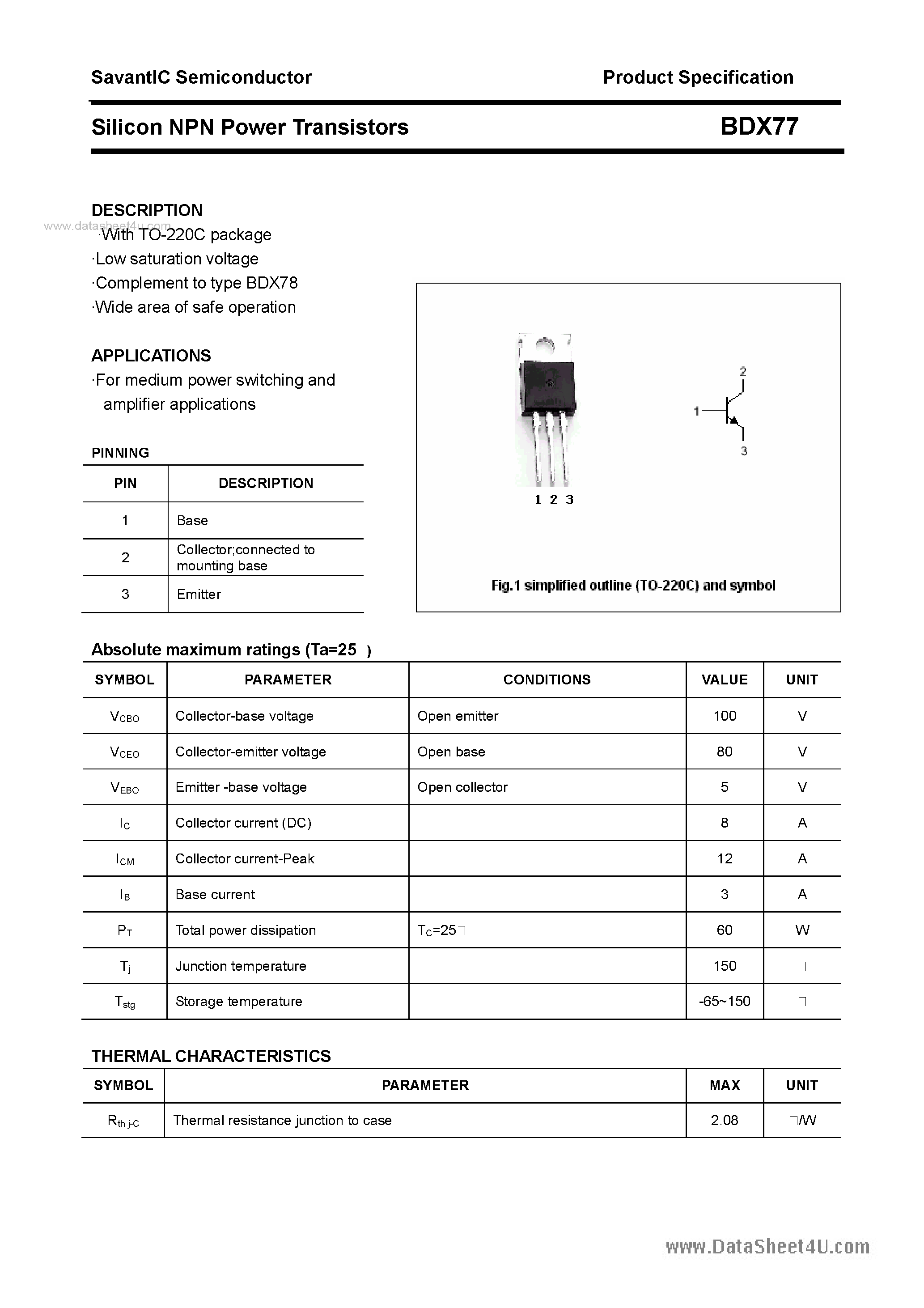 Datasheet BDX77 - SILICON POWER TRANSISTOR page 1