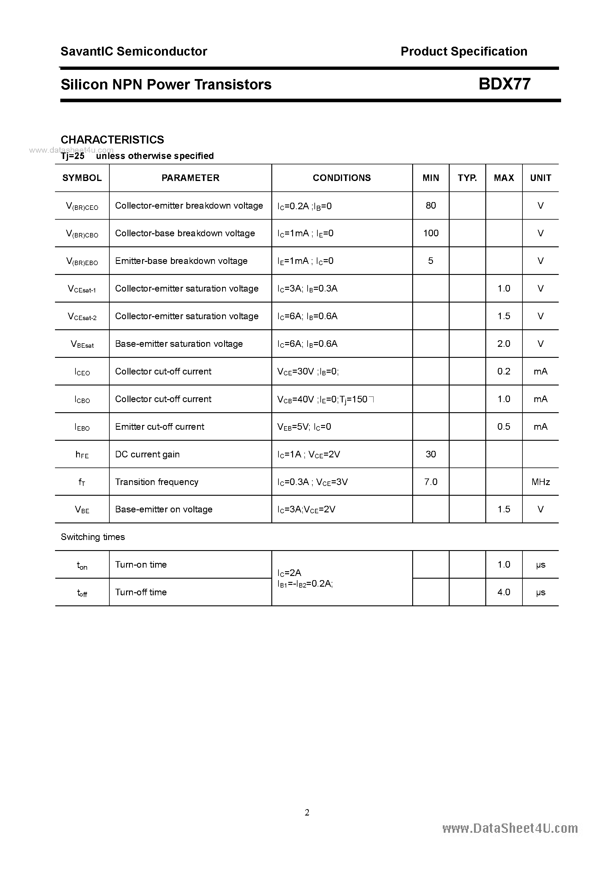 Datasheet BDX77 - SILICON POWER TRANSISTOR page 2