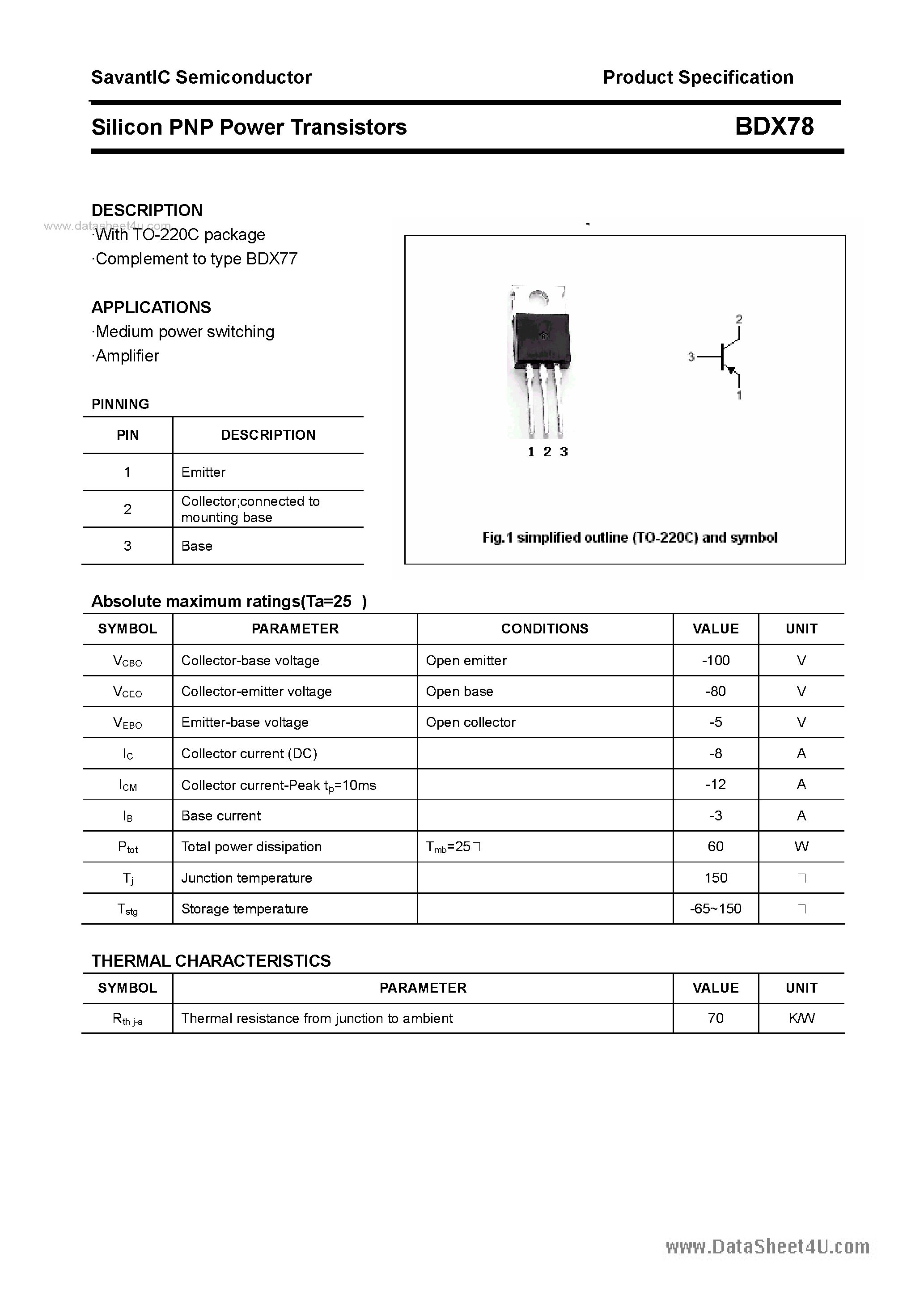 Даташит BDX78 - SILICON POWER TRANSISTOR страница 1