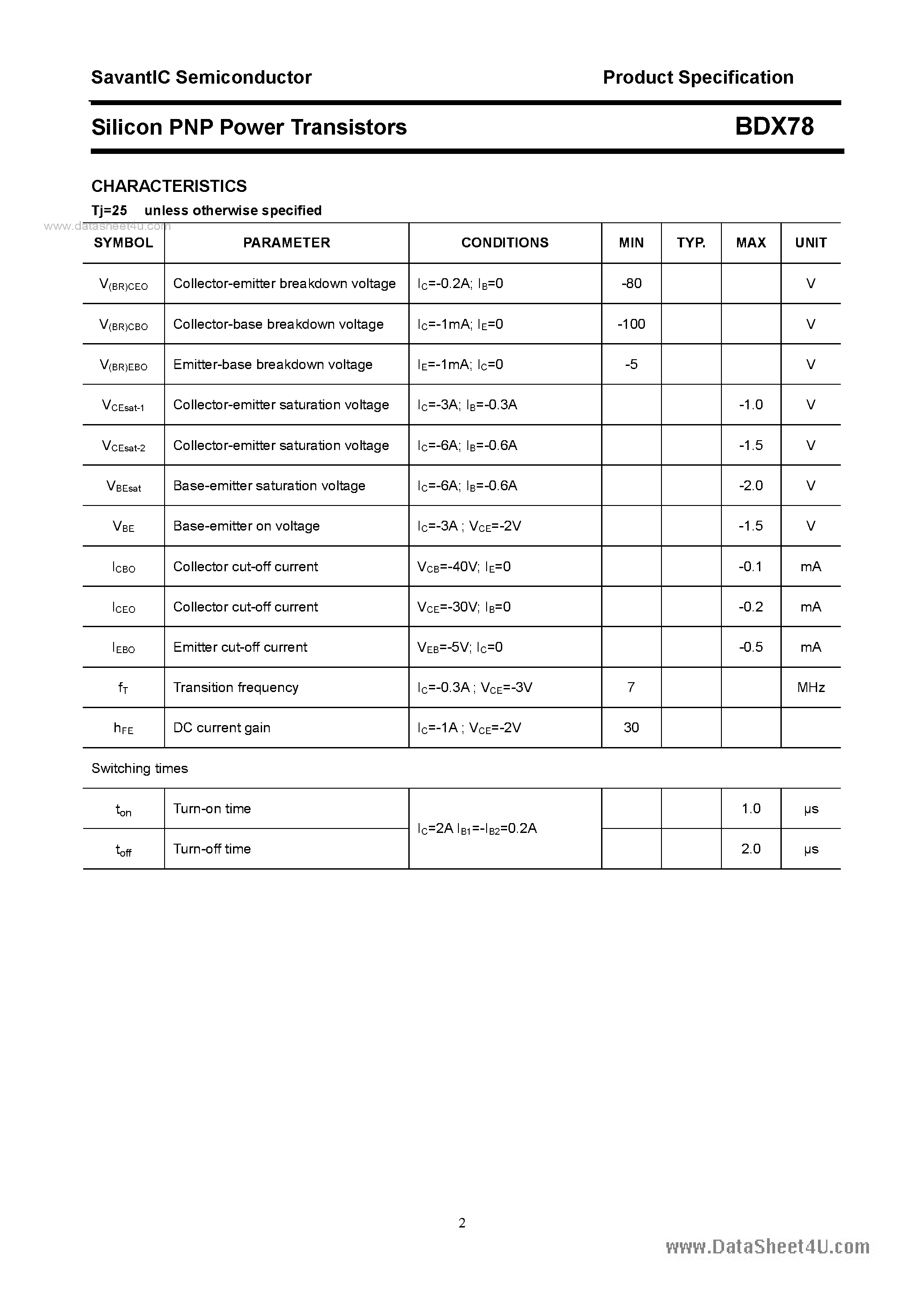 Даташит BDX78 - SILICON POWER TRANSISTOR страница 2