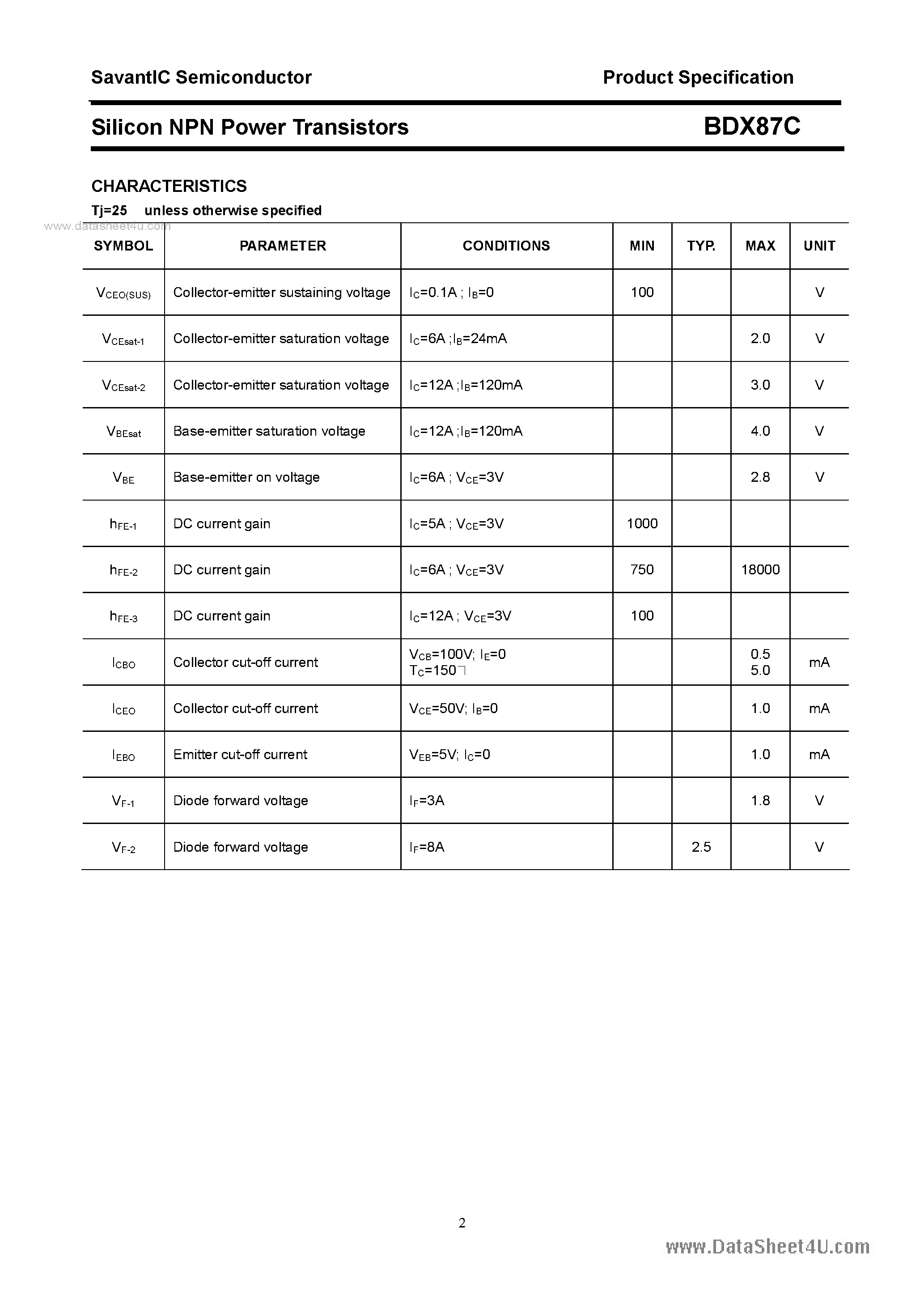 Datasheet BDX87C - SILICON POWER TRANSISTOR page 2