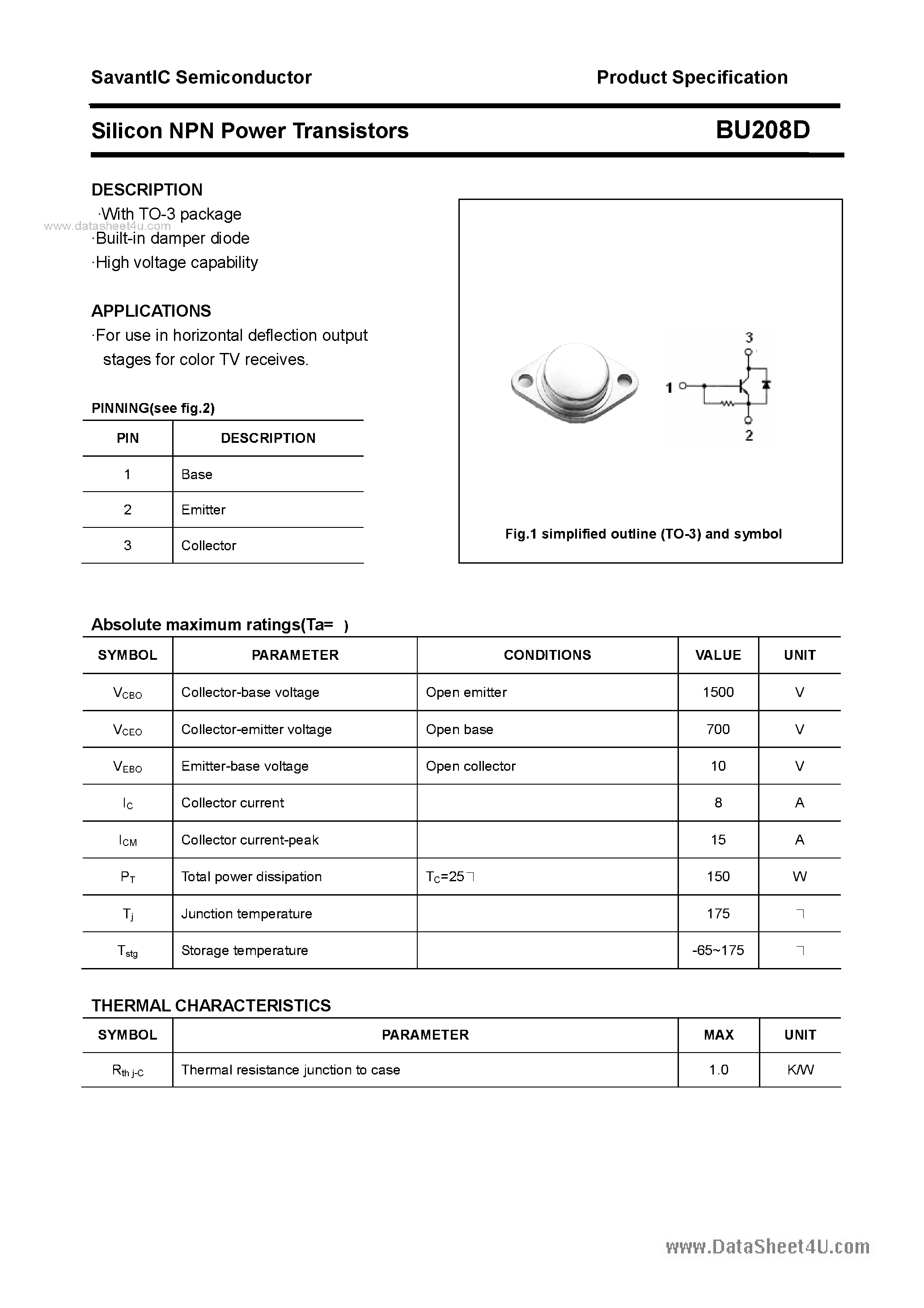 Datasheet BU208D page 1 Datasheet BU208D - SILICON POWER TRANSISTOR page 1
