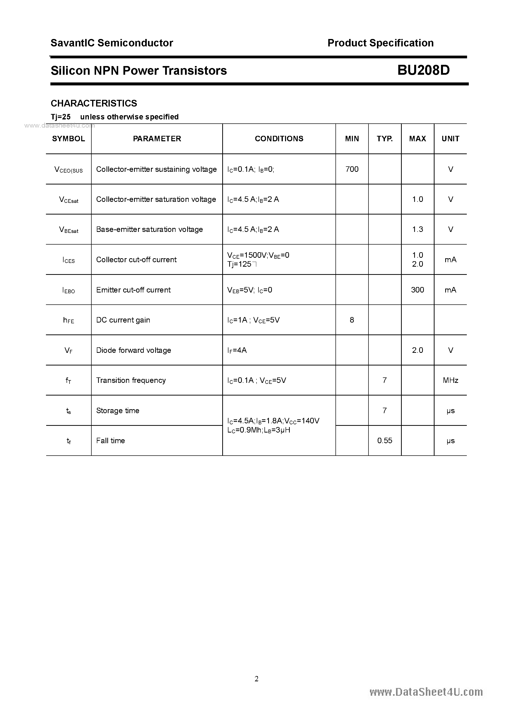 Datasheet BU208D page 2 Datasheet BU208D - SILICON POWER TRANSISTOR page 2