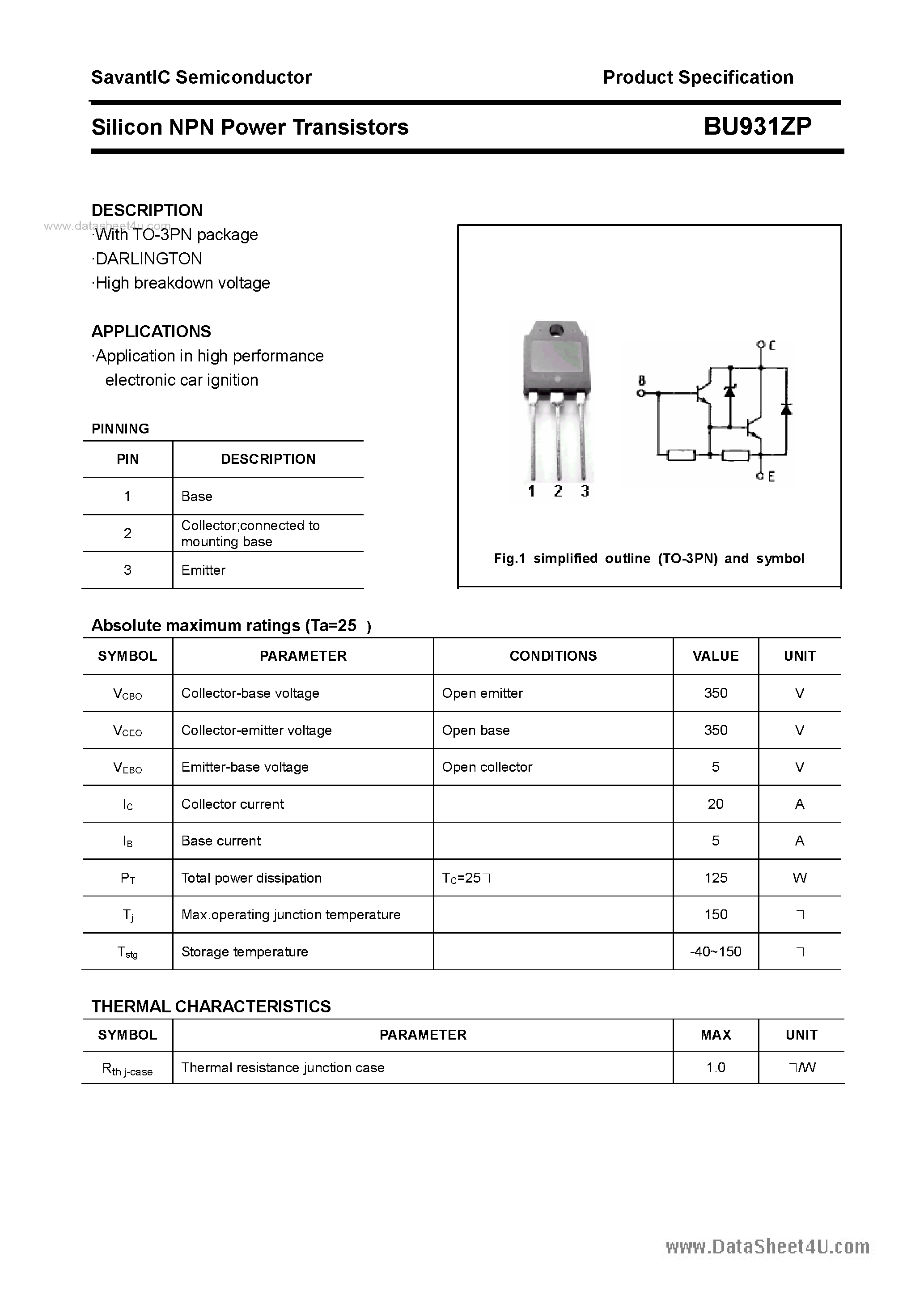 Даташит на микросхему BU931ZP страница 1 Даташит BU931ZP - SILICON POWER TRANSISTOR страница 1