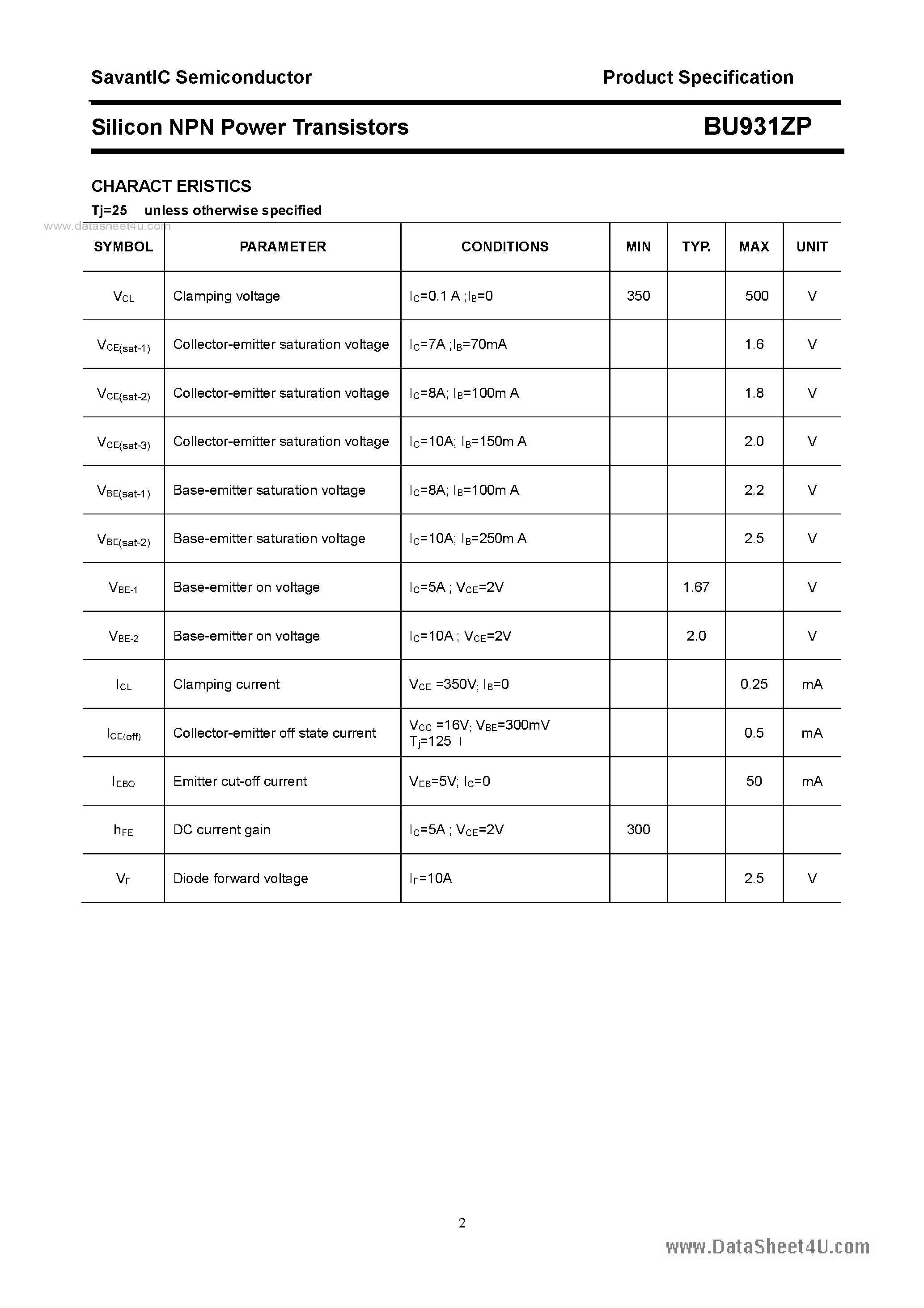 Даташит на микросхему BU931ZP страница 2 Даташит BU931ZP - SILICON POWER TRANSISTOR страница 2