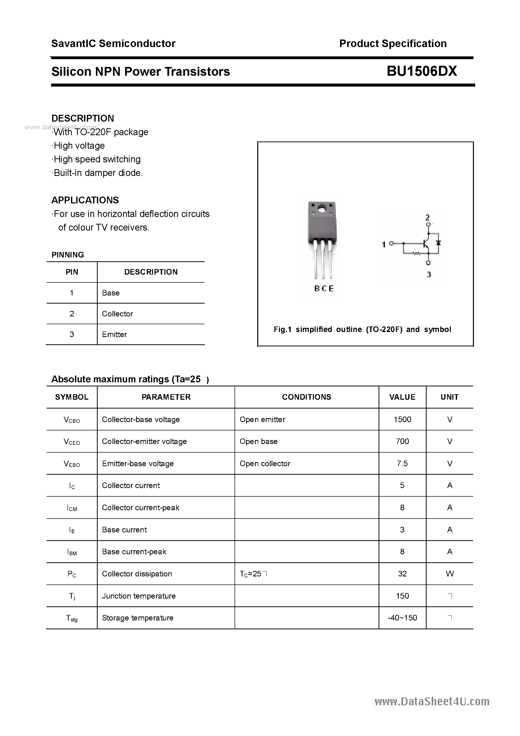 Datasheet BU1506DX - SILICON POWER TRANSISTOR page 1