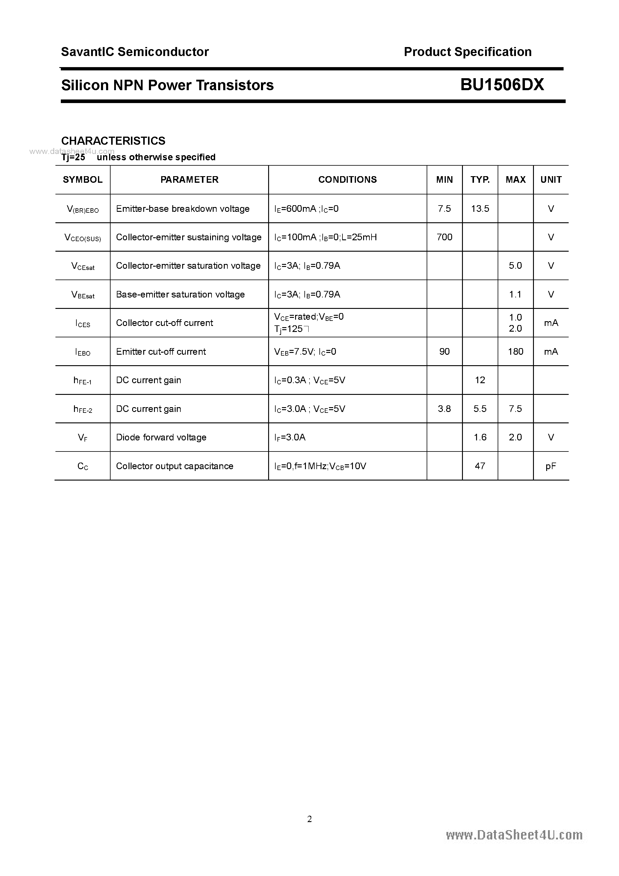 Datasheet BU1506DX - SILICON POWER TRANSISTOR page 2