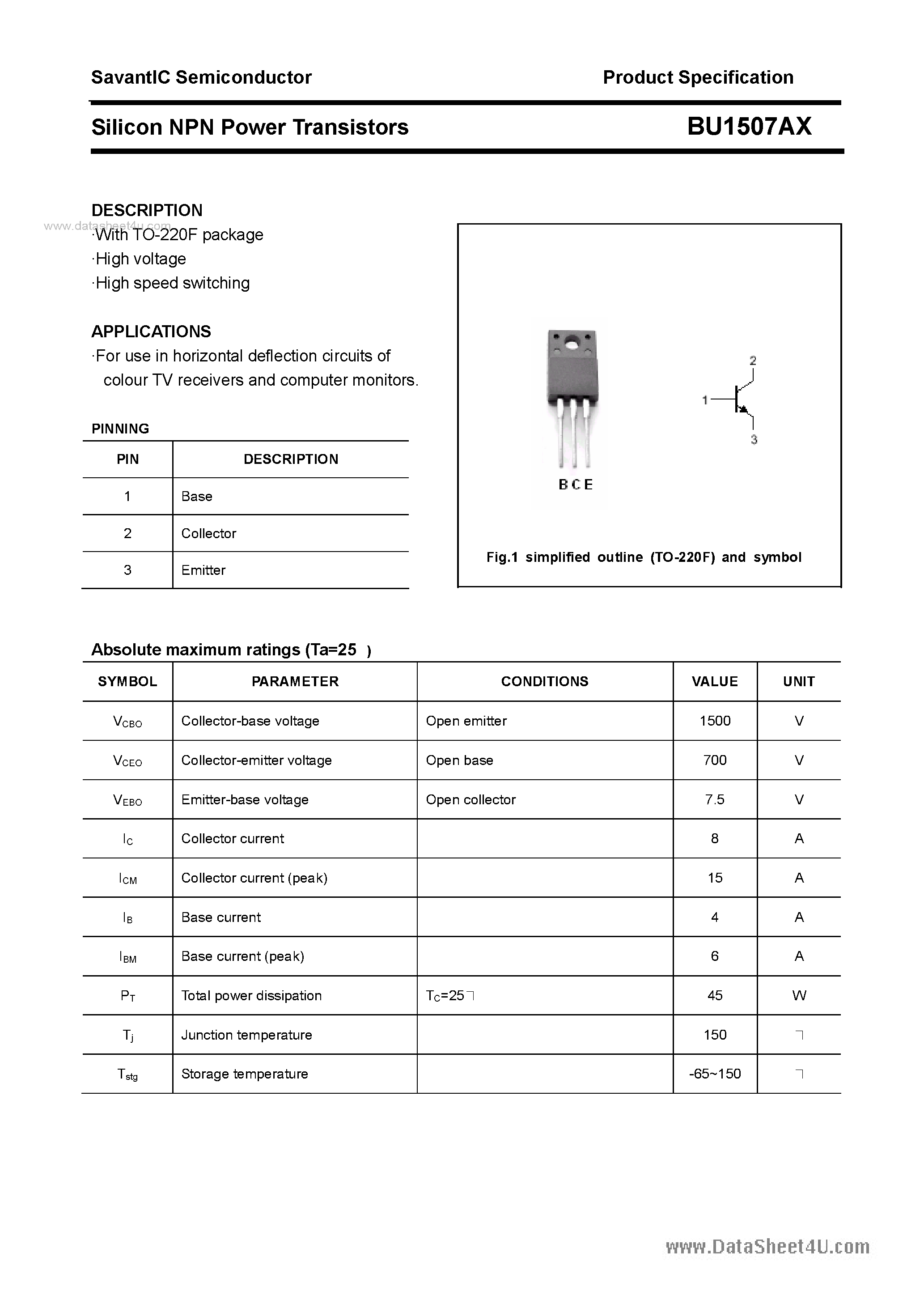 Datasheet BU1507AX - SILICON POWER TRANSISTOR page 1