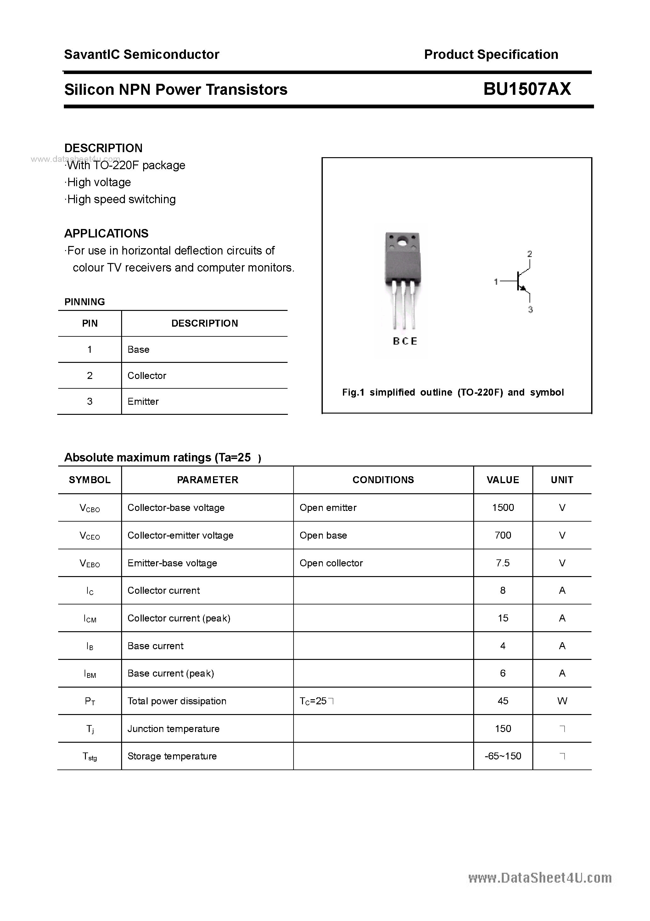 Даташит BU1507AX - SILICON POWER TRANSISTOR страница 1