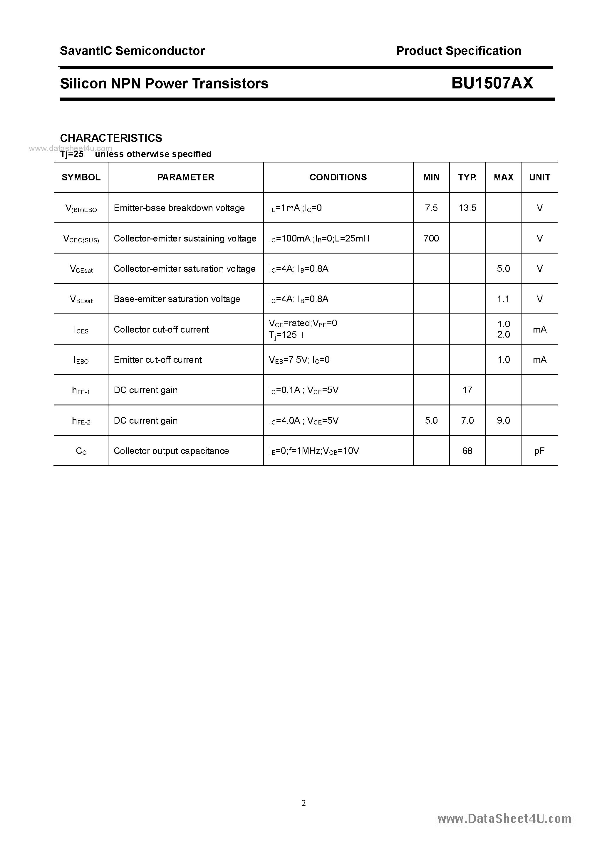 Datasheet BU1507AX - SILICON POWER TRANSISTOR page 2