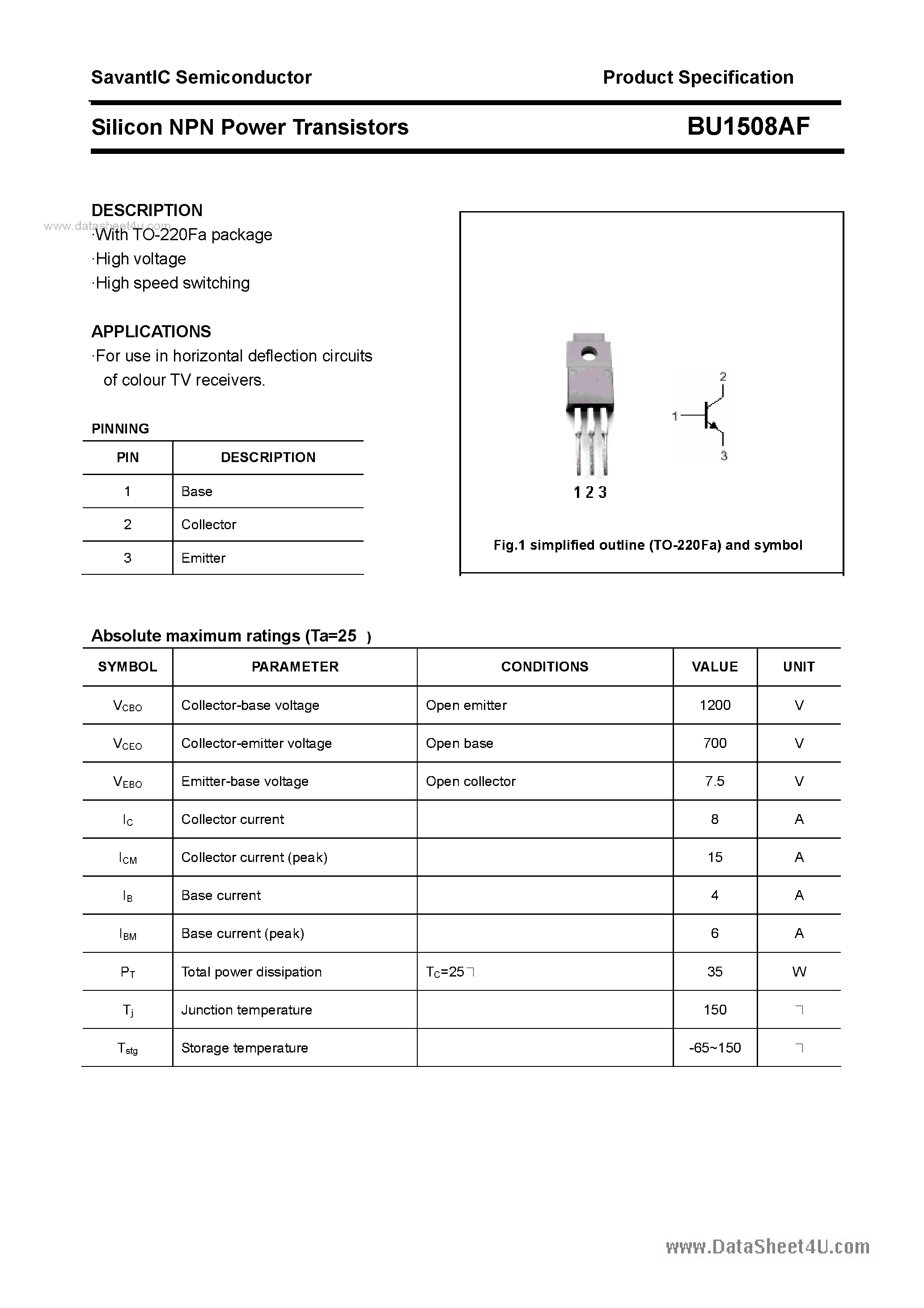 Datasheet BU1508AF - SILICON POWER TRANSISTOR page 1