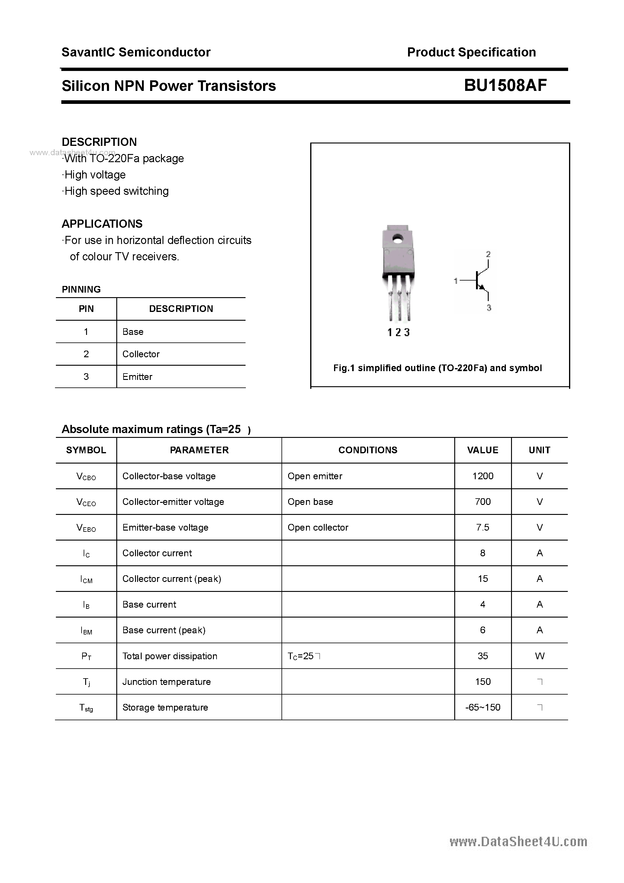 Даташит BU1508AF - SILICON POWER TRANSISTOR страница 1