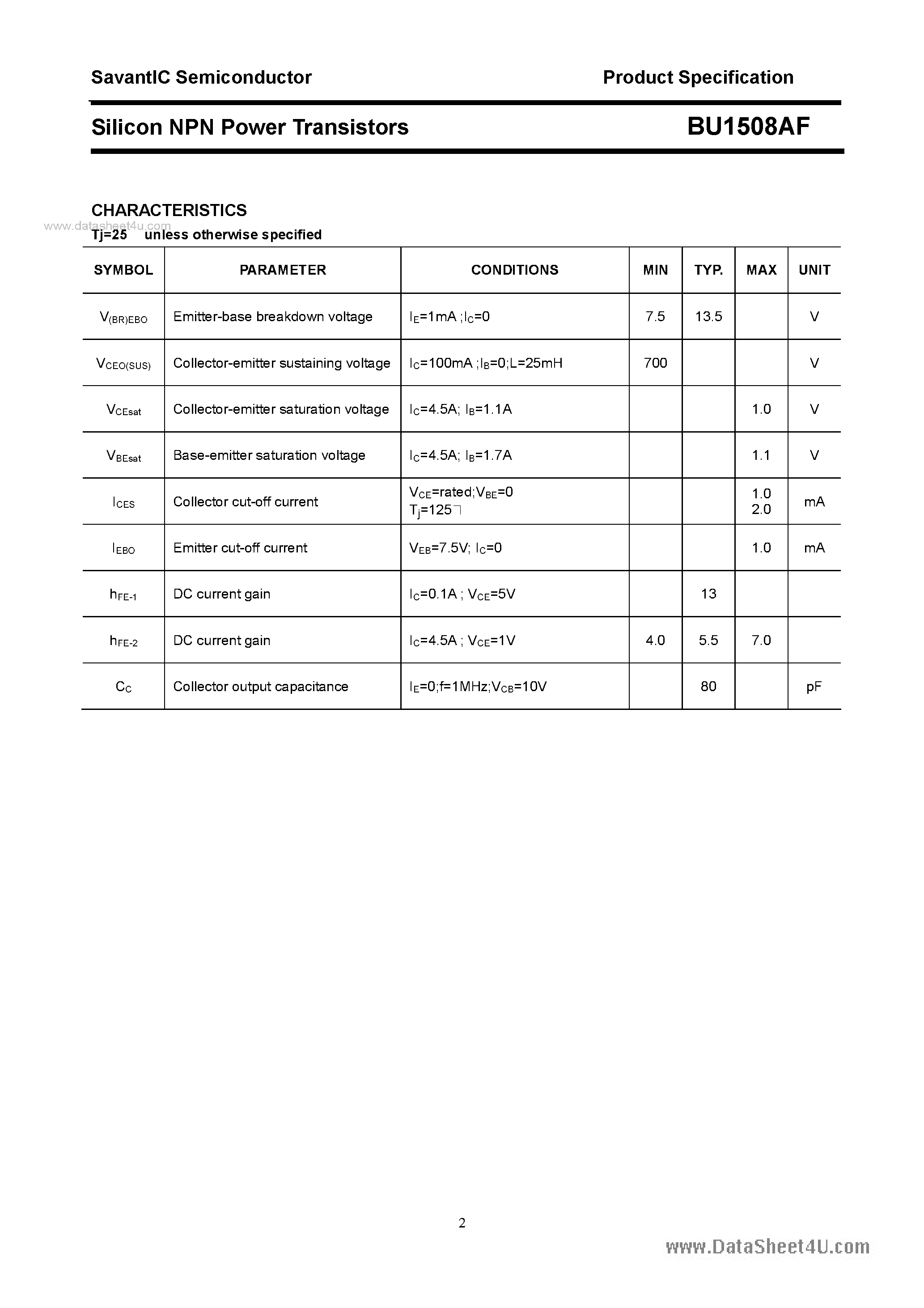 Datasheet BU1508AF - SILICON POWER TRANSISTOR page 2